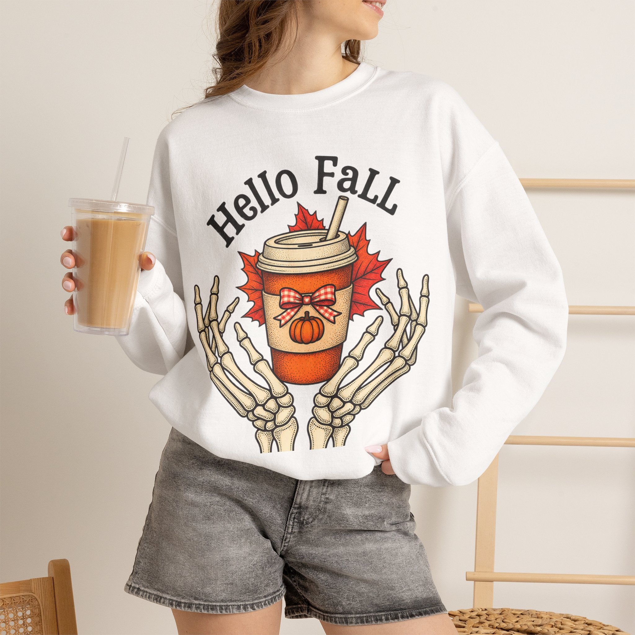 Fall Coffee Skeleton Hands Cozy Autumn Pullover