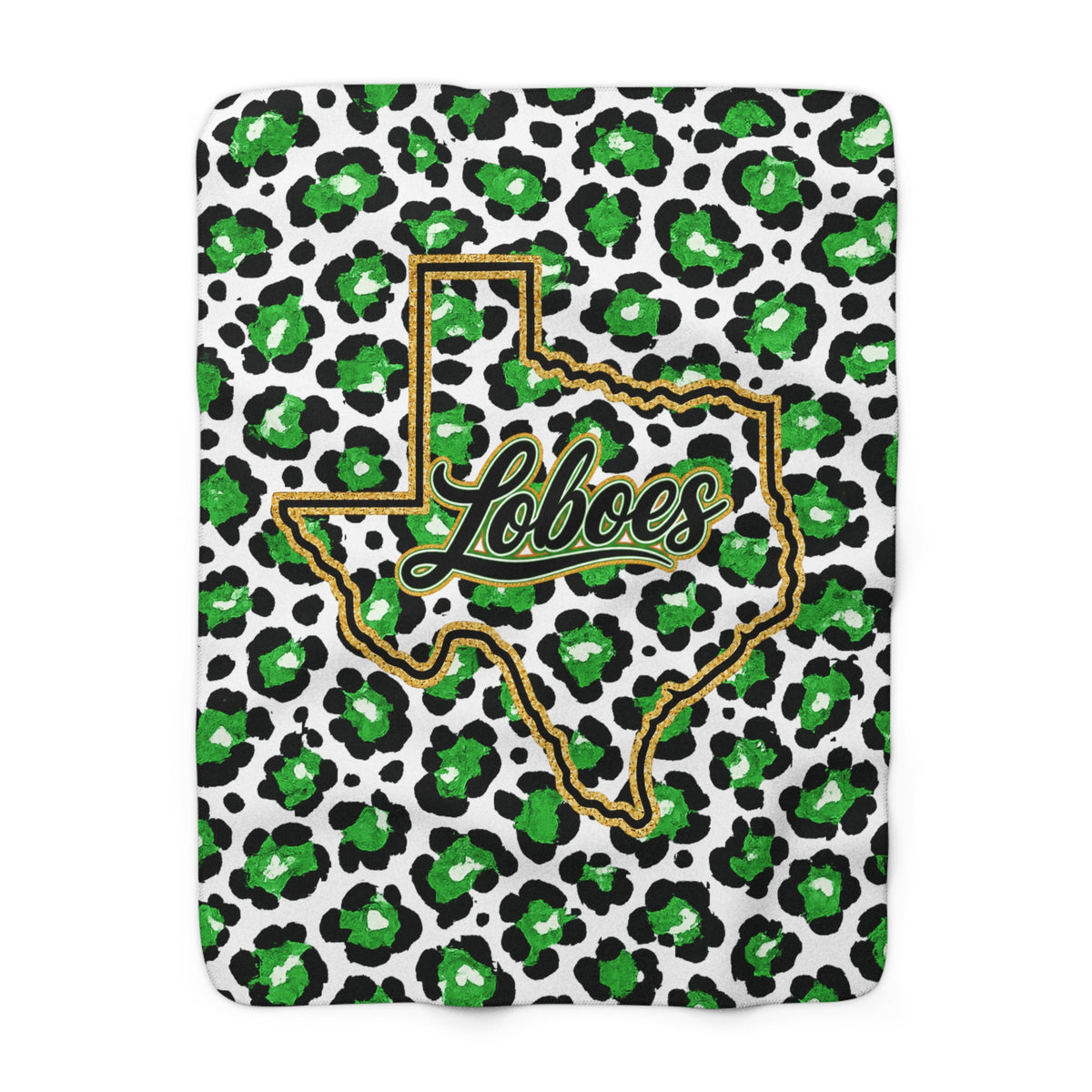 Loboes Texas Sherpa Fleece Blanket — Green Leopard Print Cozy Throw