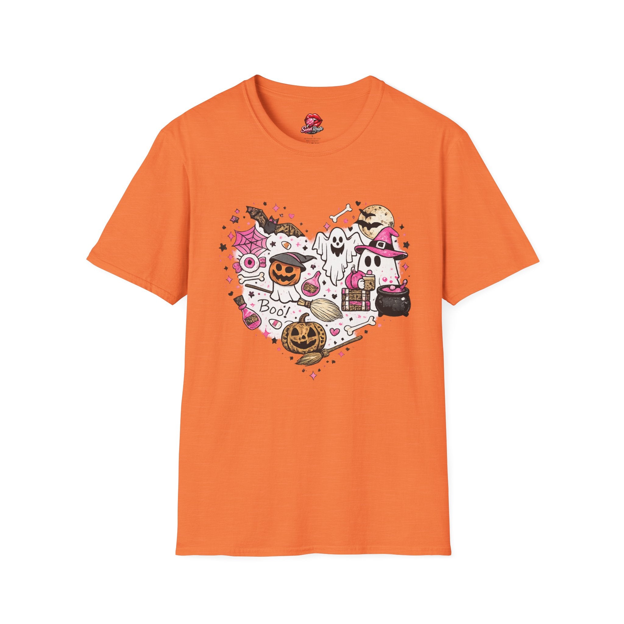 Cute Pink Halloween Characters T-Shirt | Coquette Ghost Pumpkin Graphic Tee | Girly Spooky Season Shirt | Retro Halloween Tee