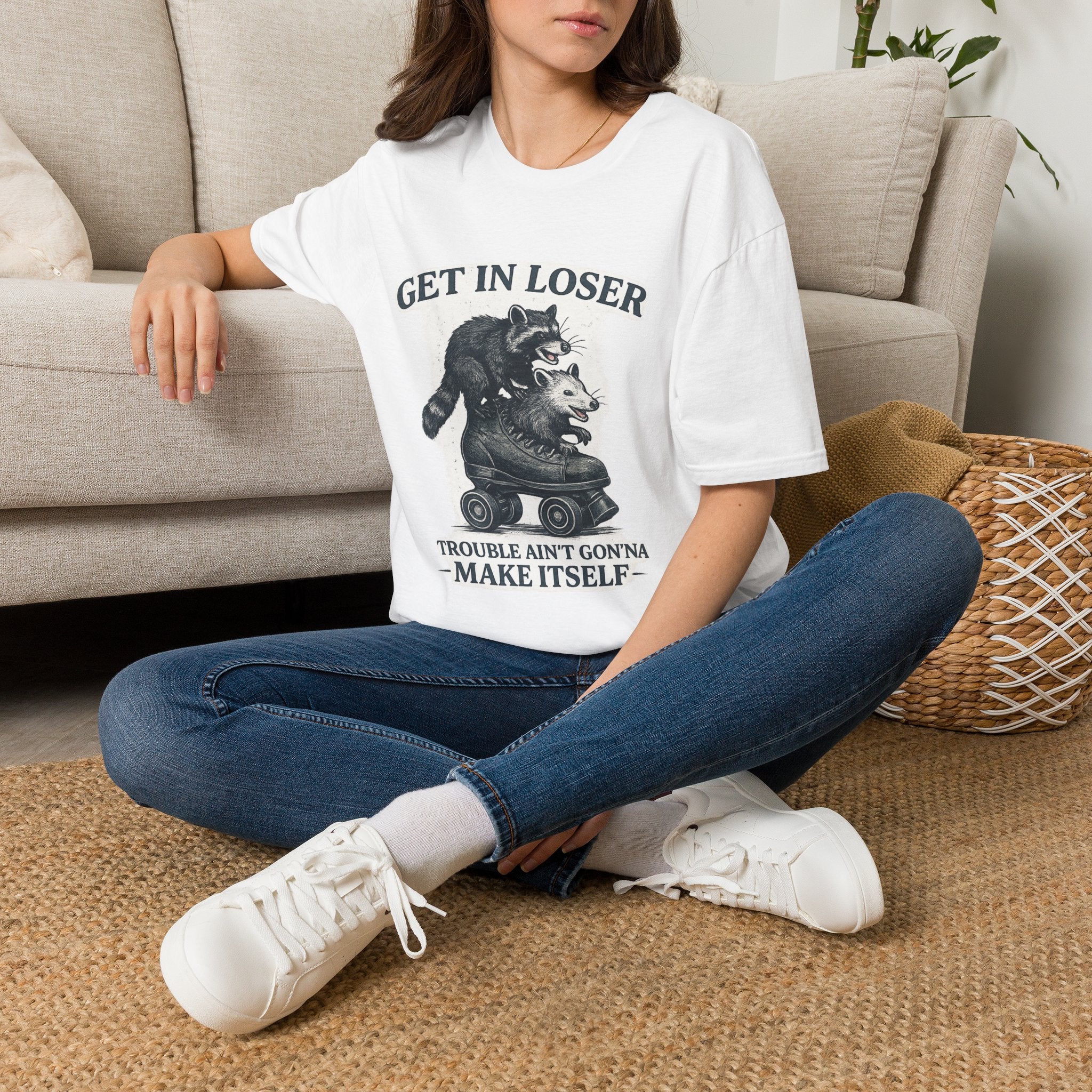 Get In Loser raccoon and opossum illustration T-Shirt