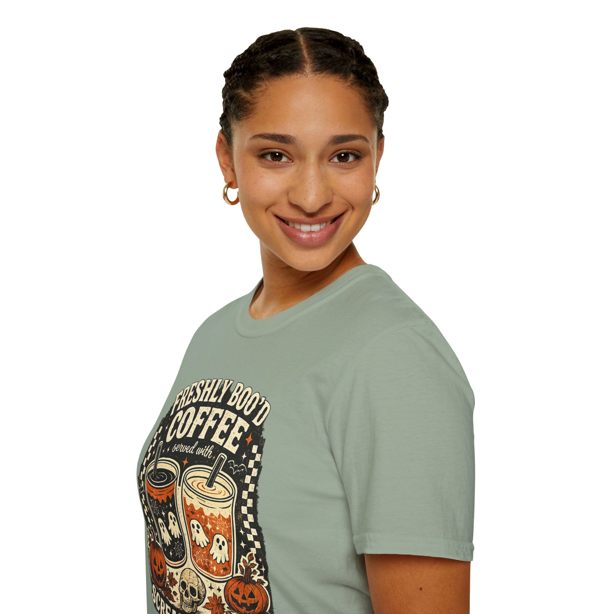 Freshly Boo'd Coffee Hallowee T-Shirt | Cute Ghost Coffee Graphic Tee | Spooky Latte Shirt | Fall Coffee Lover Tee | Pumpkin Season Gift
