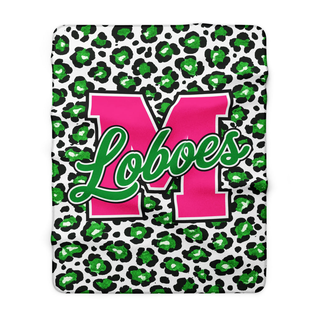 Loboes Sherpa Fleece Blanket — Pink M Letter on Green Leopard Print, Cozy Soft Throw