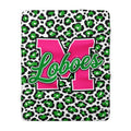 Loboes Sherpa Fleece Blanket — Pink M Letter on Green Leopard Print, Cozy Soft Throw