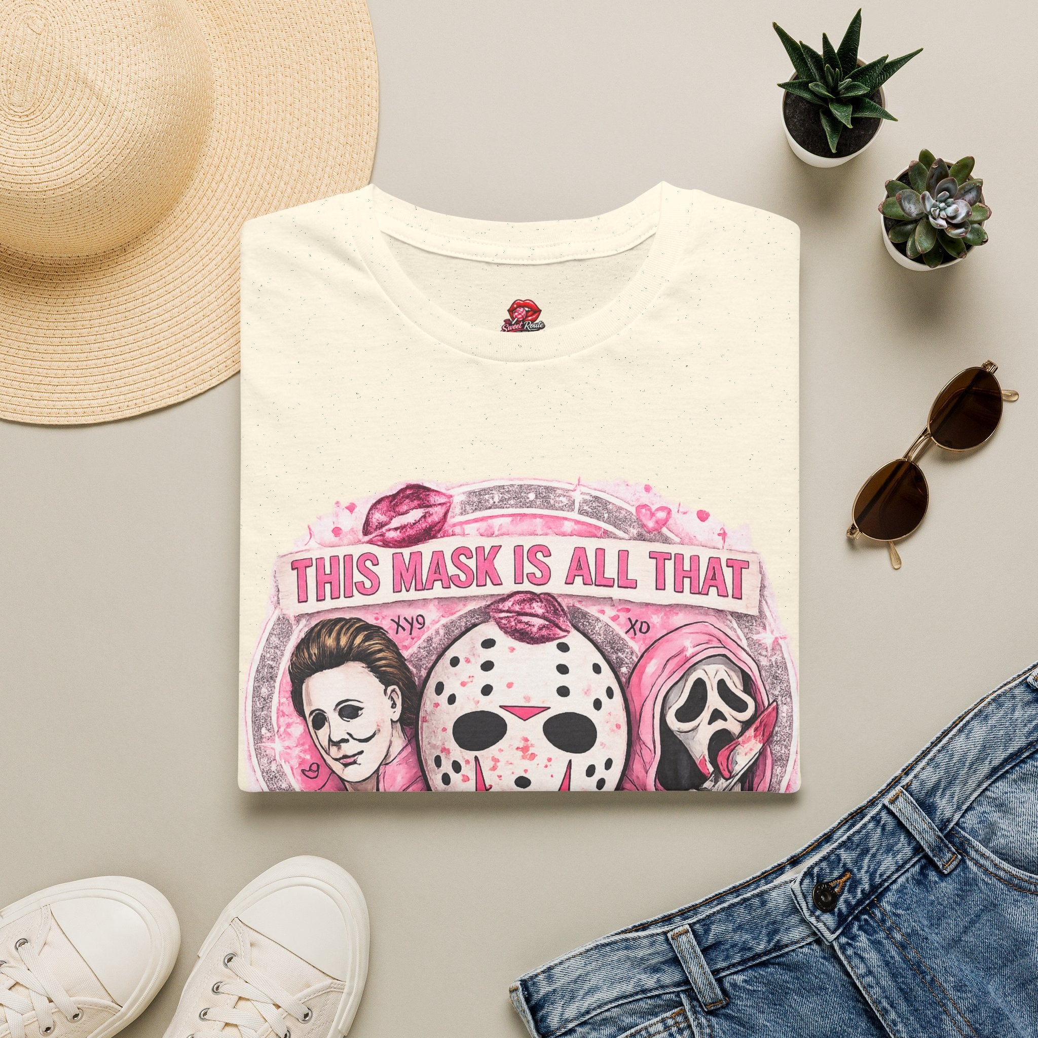 This Mask Is All That Graphic T-Shirt | Cute Pink Horror Inspired Tee | Retro Spooky Halloween Shirt | Creepy Cute Graphic Tee