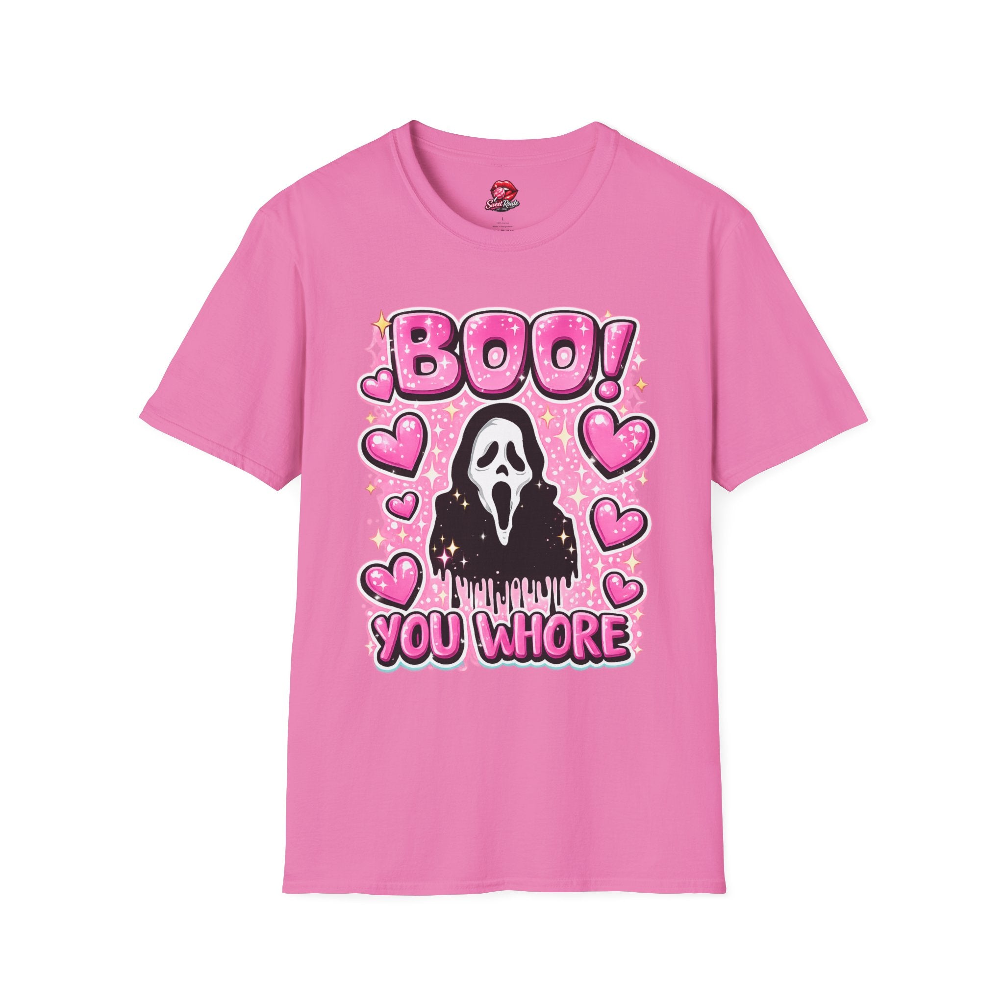 BOO Ghost with Pink Hearts T-Shirt | Cute Coquette Halloween Shirt | Pink Ghost Graphic Tee | Spooky Cute Fall Shirt | Girly Halloween Gift