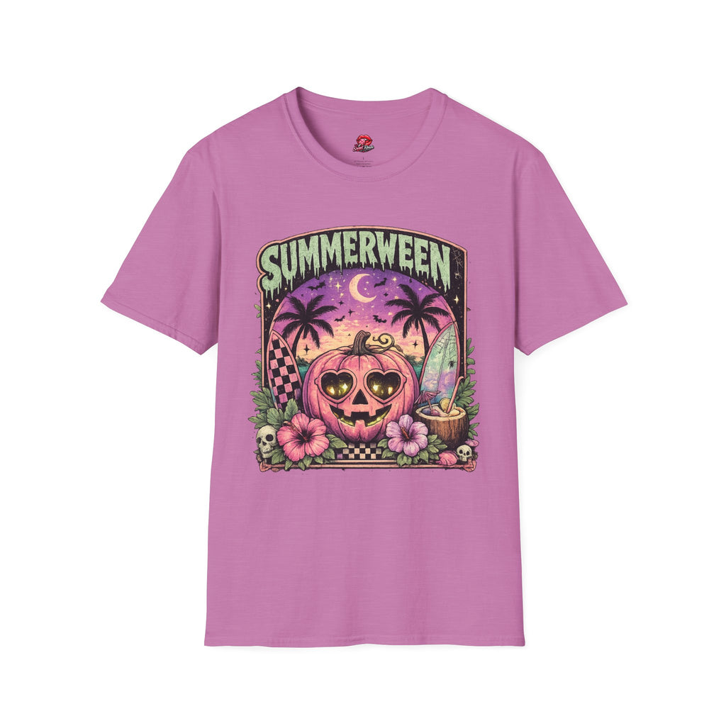 Summerween T-Shirt — Tropical Halloween Pumpkin Tee | Pink Skull Graphic Tee | Spooky Summer Vacation Shirt