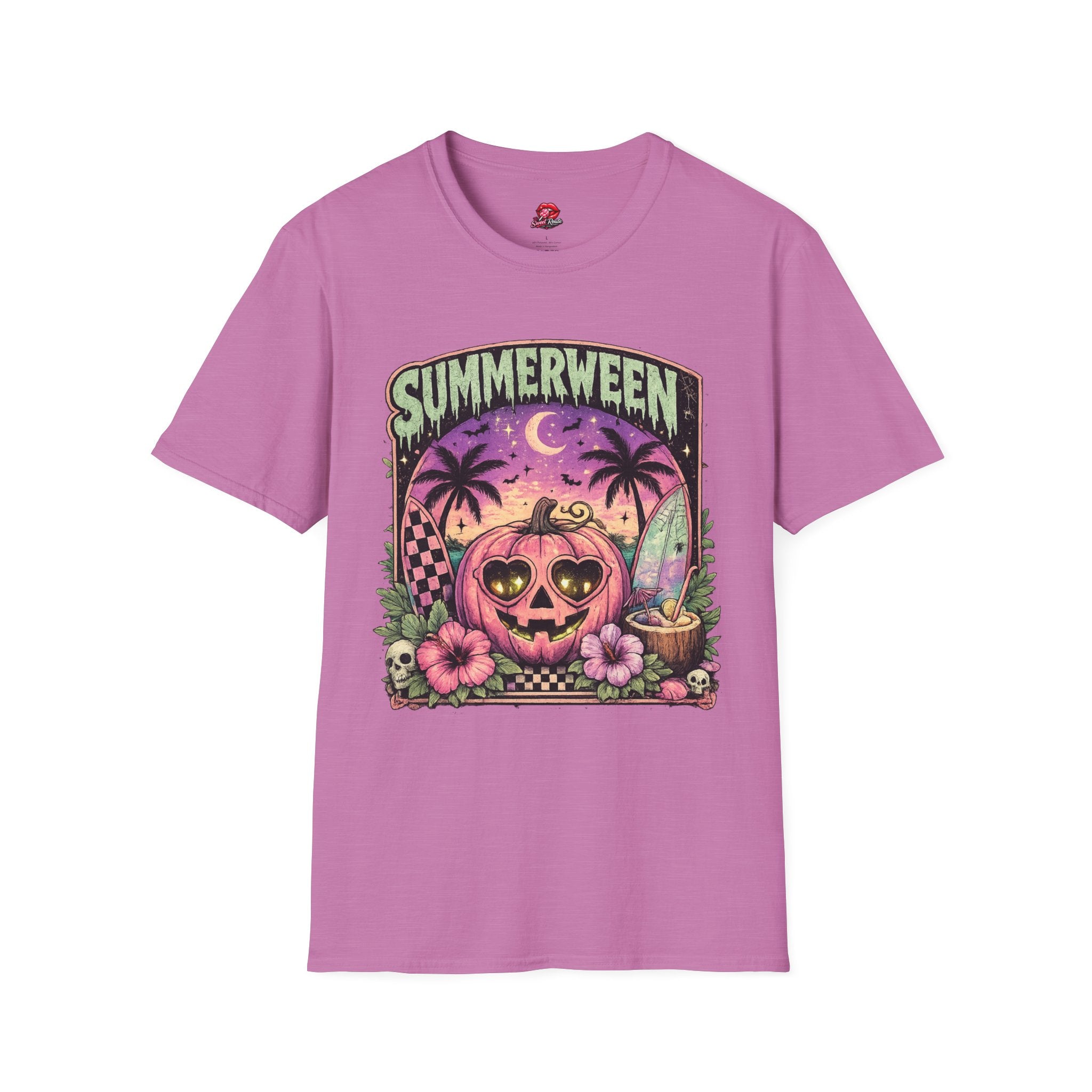 Summerween T-Shirt — Tropical Halloween Pumpkin Tee | Pink Skull Graphic Tee | Spooky Summer Vacation Shirt