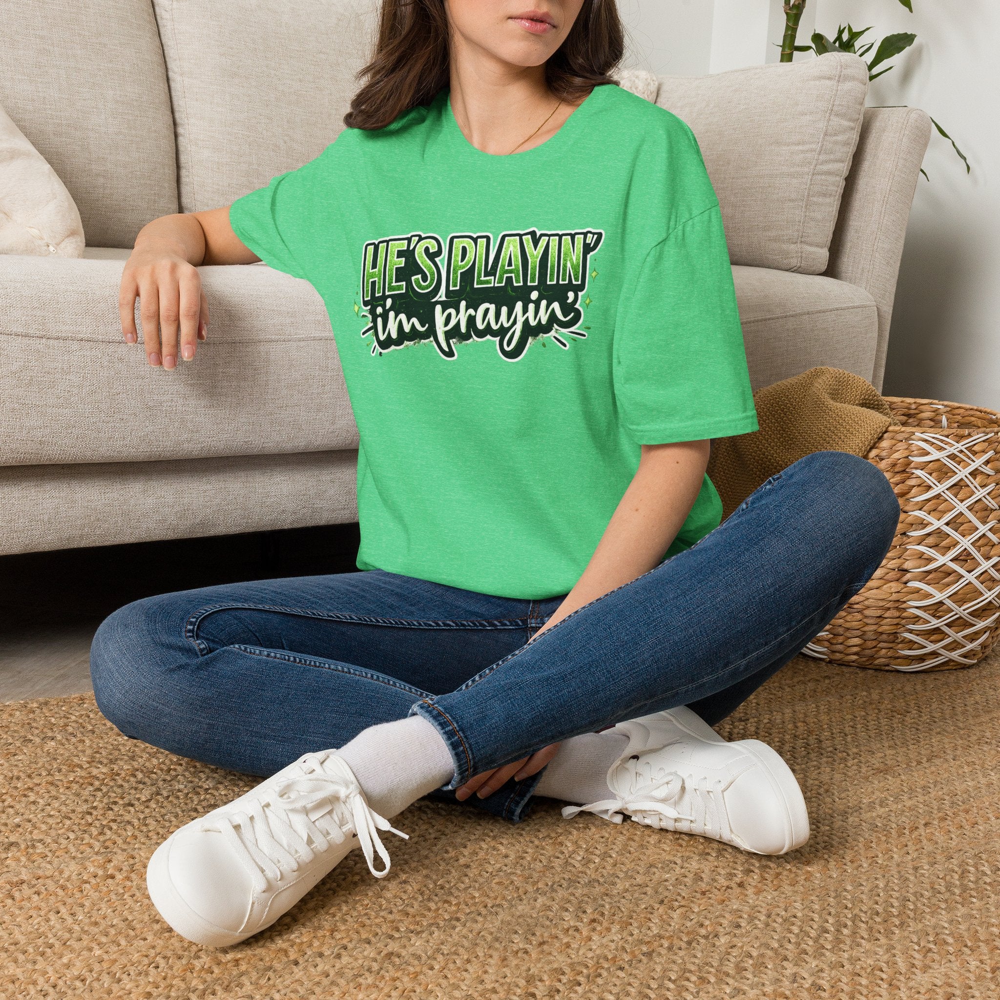 He’s Playin’ I’m Prayin Football Tee