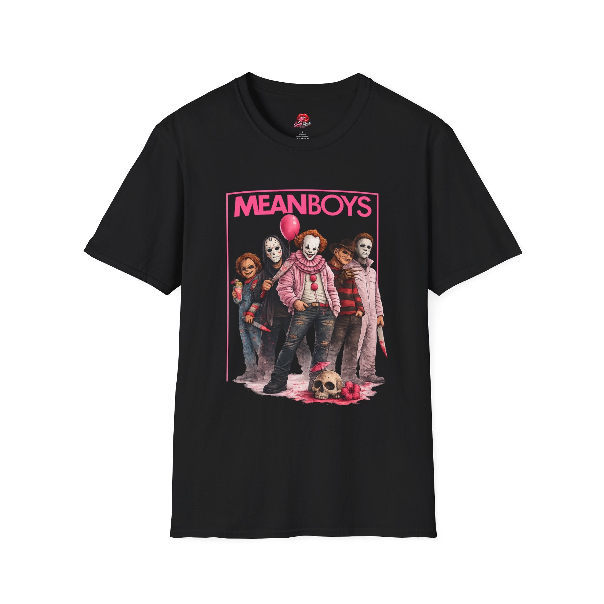 Mean Boys Horror Graphic T-Shirt | Retro Slasher Inspired Pink Halloween Tee | Cute Creepy Horror Fan Shirt | Spooky Season Gift