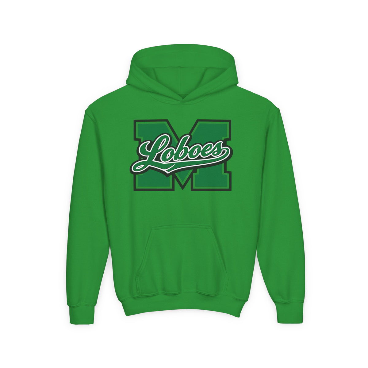 Youth Loboes M Letter Hoodie — Green & White School Spirit Sweatshirt