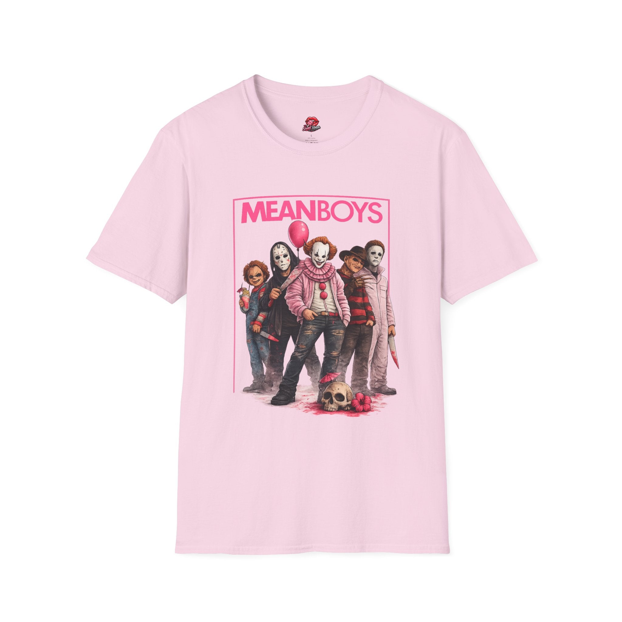 Mean Boys Horror Graphic T-Shirt | Retro Slasher Inspired Pink Halloween Tee | Cute Creepy Horror Fan Shirt | Spooky Season Gift