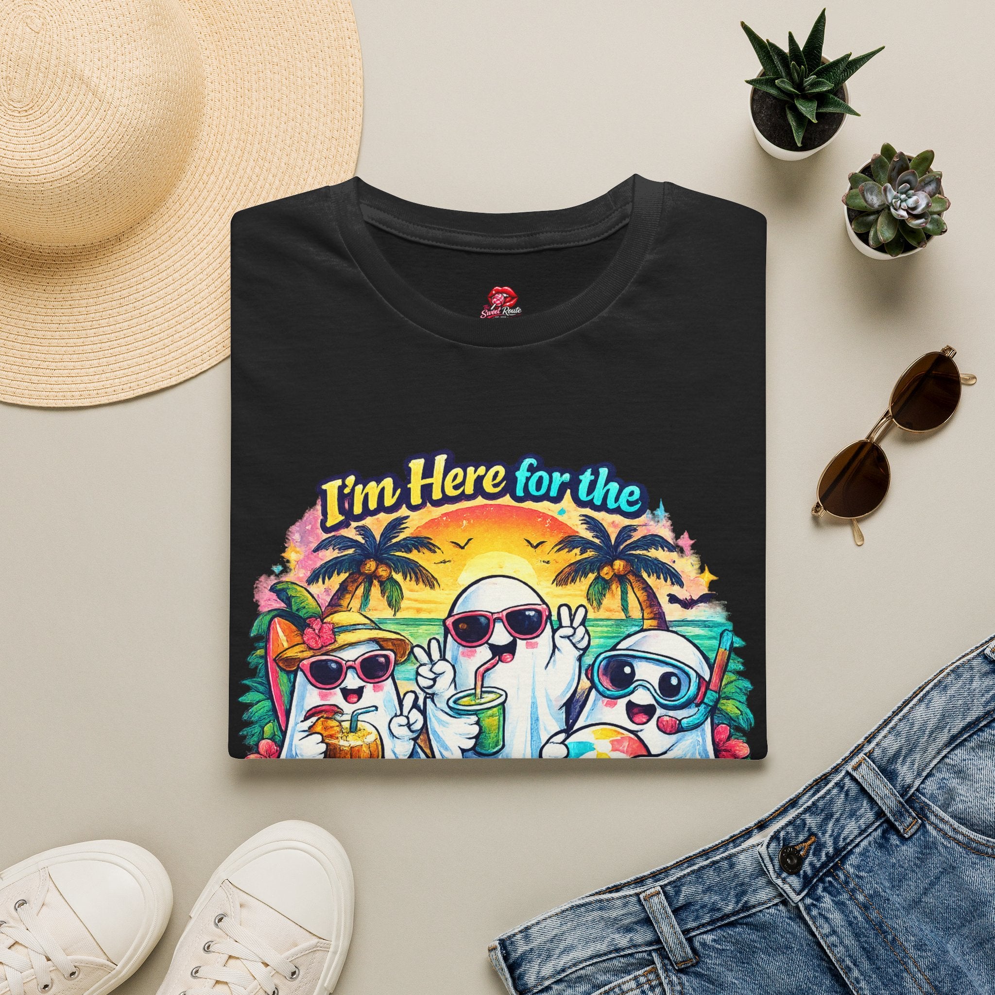 I’m Here for the Boos at the Beach Shirt | Summerween Ghost Beach T-Shirt | Cute Coastal Halloween Tee | Retro Spooky Beach Vacation Shirt
