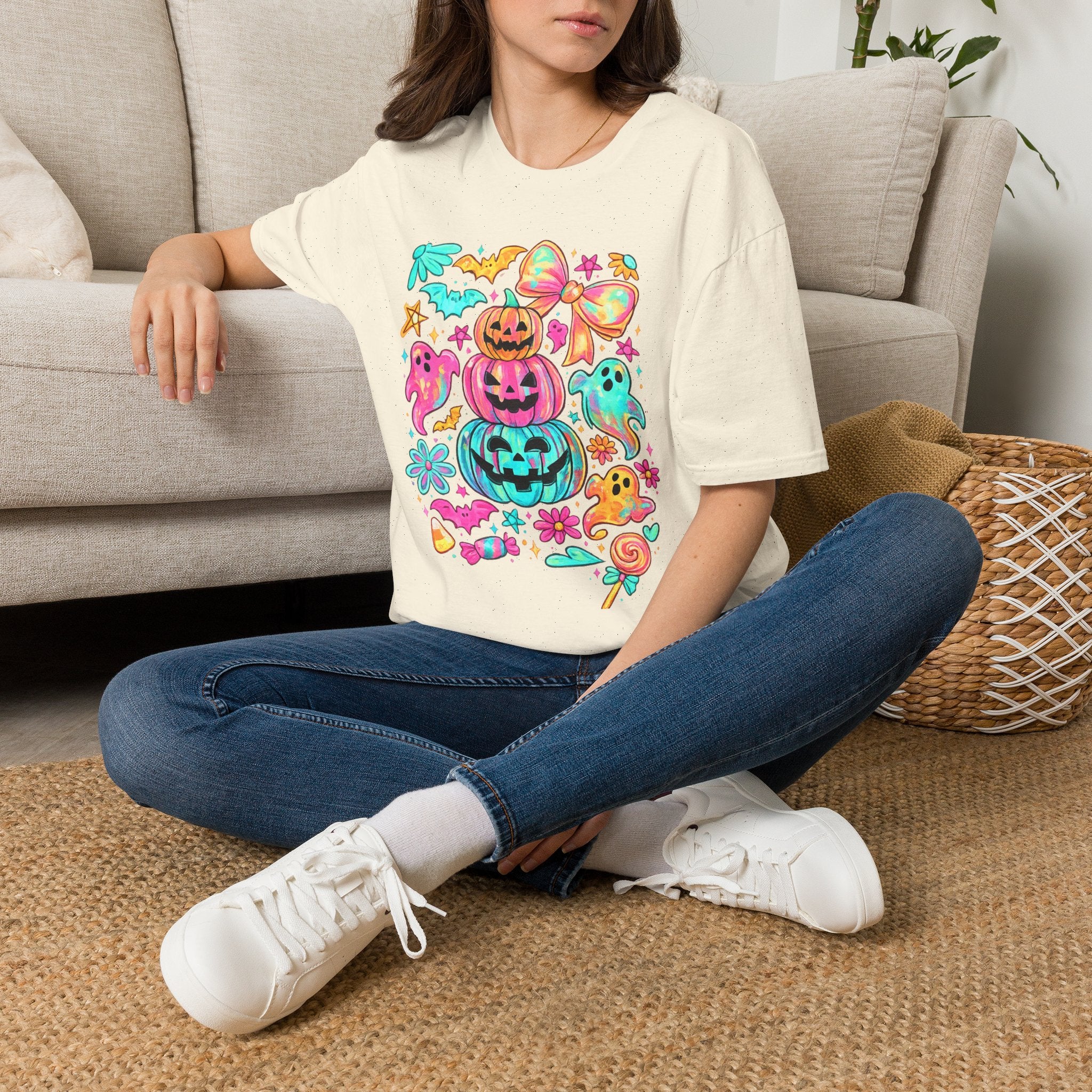 Cute Pastel Halloween Pumpkin & Ghost Graphic T-Shirt | Coquette Spooky Season Tee