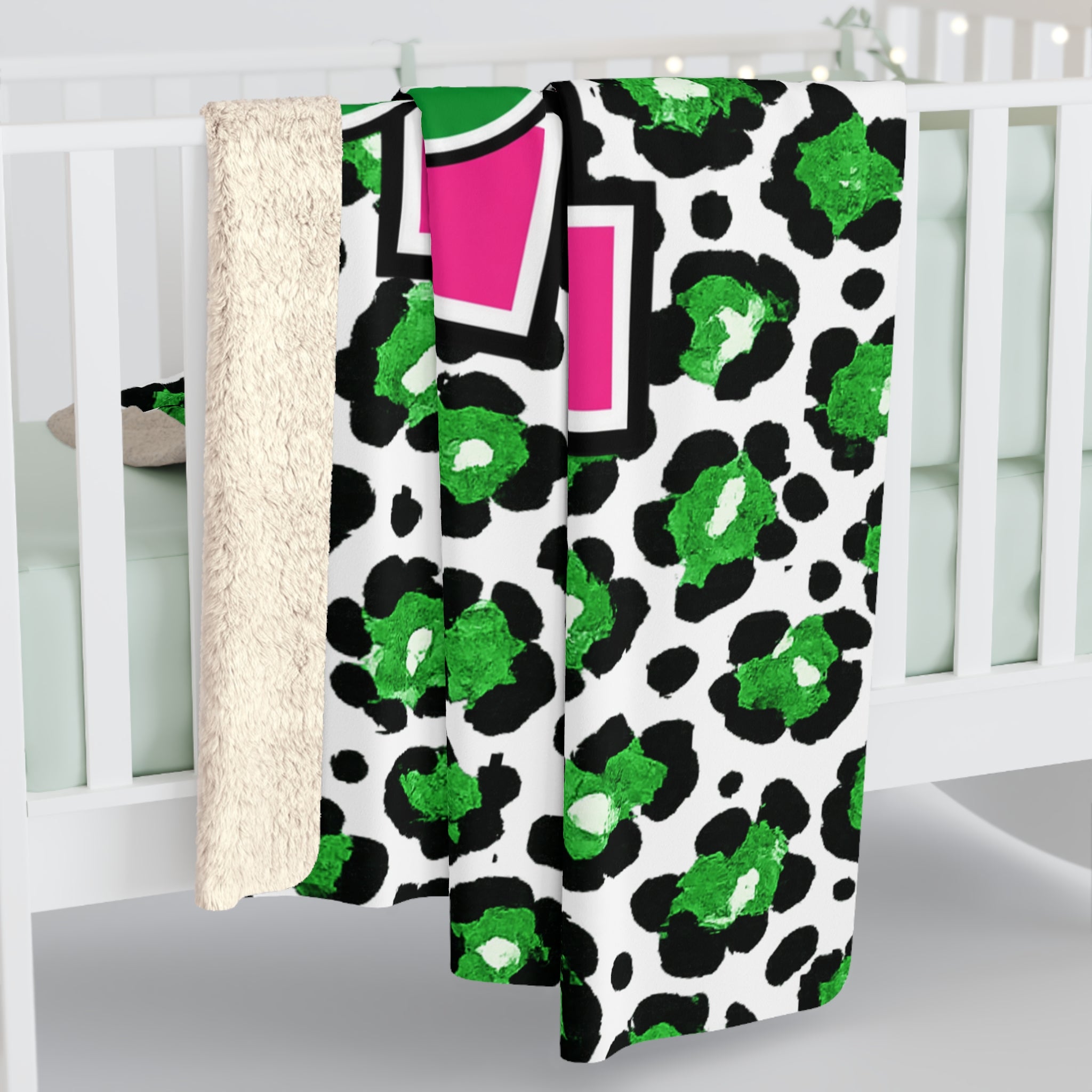 Loboes Sherpa Fleece Blanket — Pink M Letter on Green Leopard Print, Cozy Soft Throw