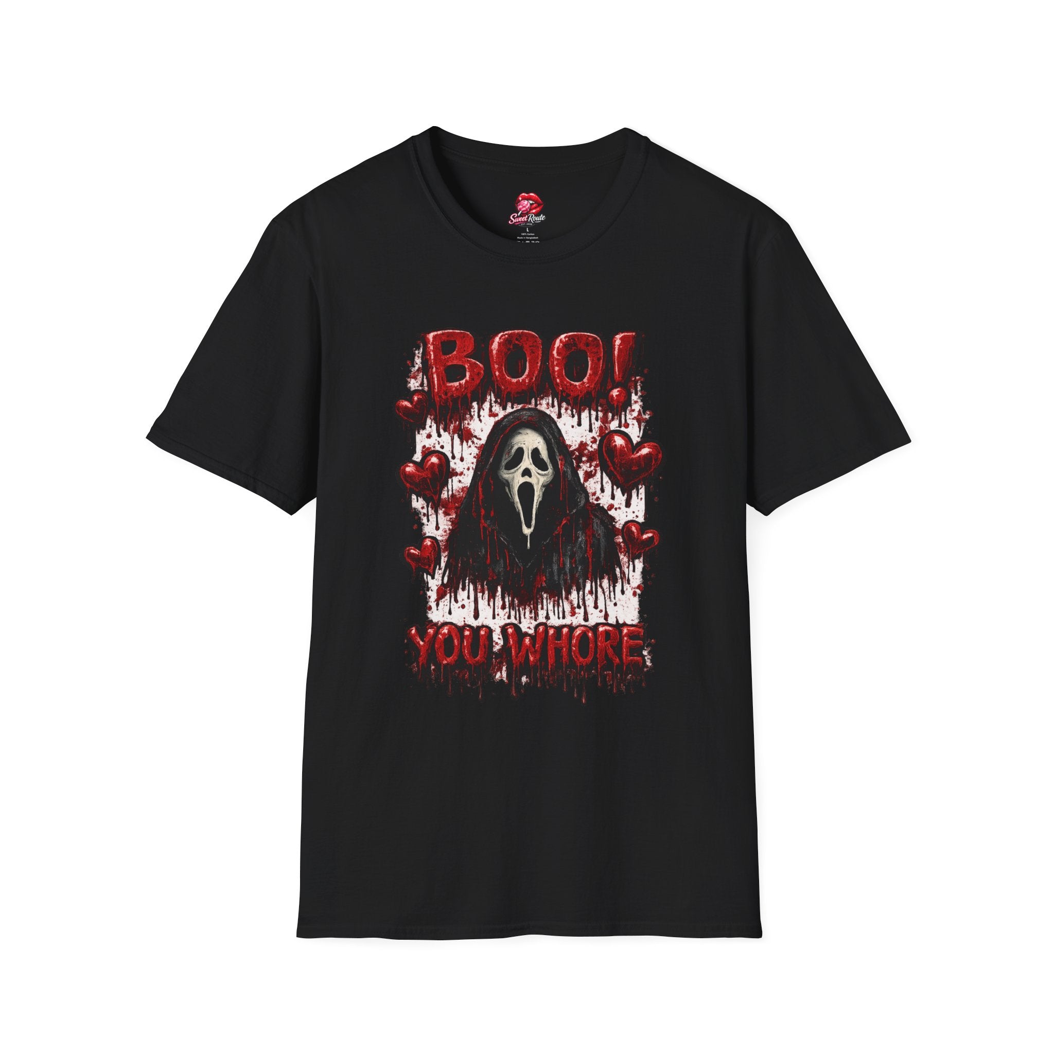 BOO Ghost Face Horror T-Shirt | Bloody Hearts Halloween Shirt | Cute Horror Movie Tee | Spooky Season Graphic Tee | Slasher Fan Gift