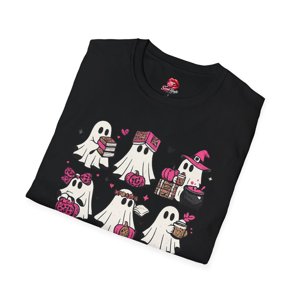 Pink Kawaii Ghosts Halloween T-Shirt | Cute Ghost Pattern Graphic Tee | Girly Spooky Season Shirt | Pink Halloween Aesthetic | Kawaii Ghost Gift