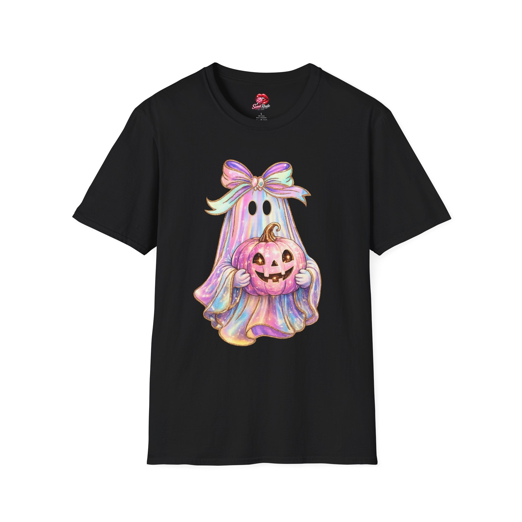 Pastel Ghost with Bow Halloween T-Shirt | Cute Coquette Ghost Graphic Tee | Pink Pumpkin Spooky Season Shirt