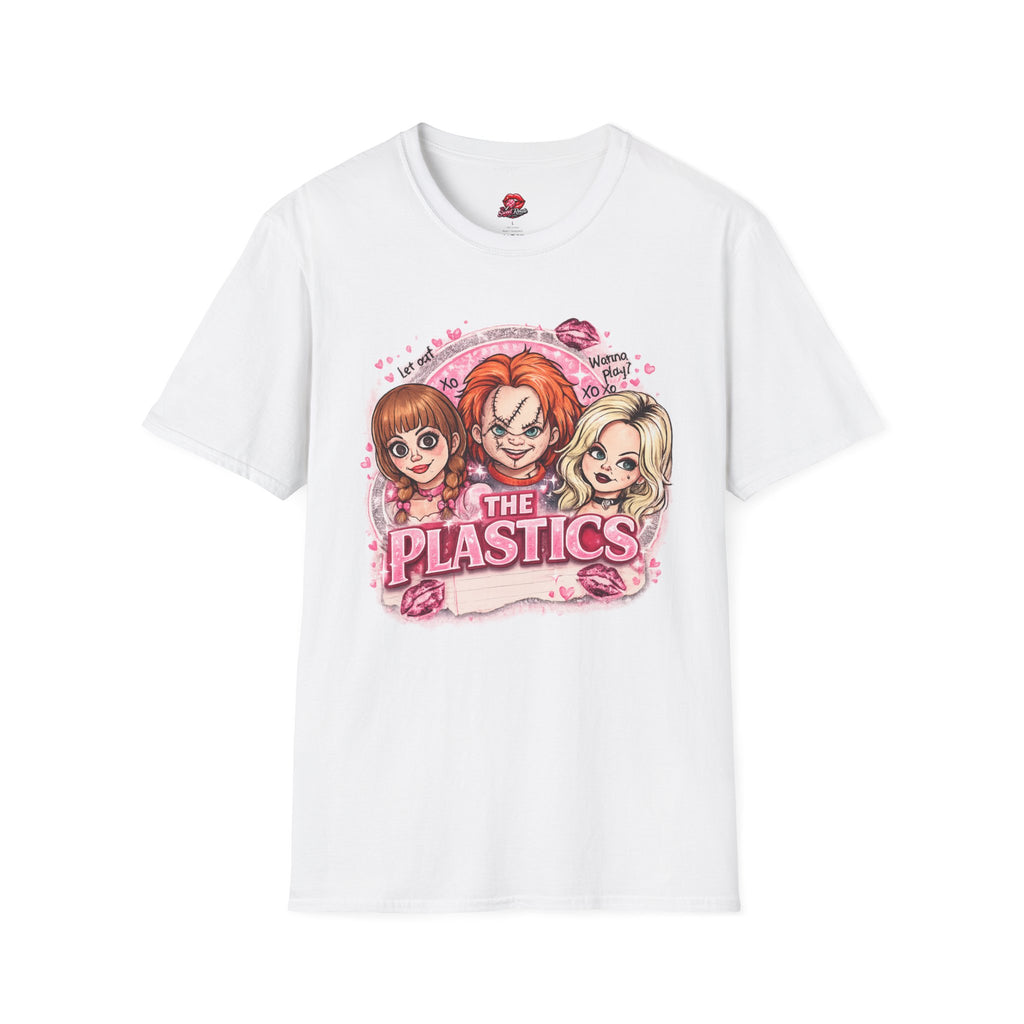 The Plastics Cute Creepy Halloween T-Shirt | Retro Spooky Cartoon Girls Tee | Pink Horror Movie Inspired Graphic Shirt | Halloween Gift for Women