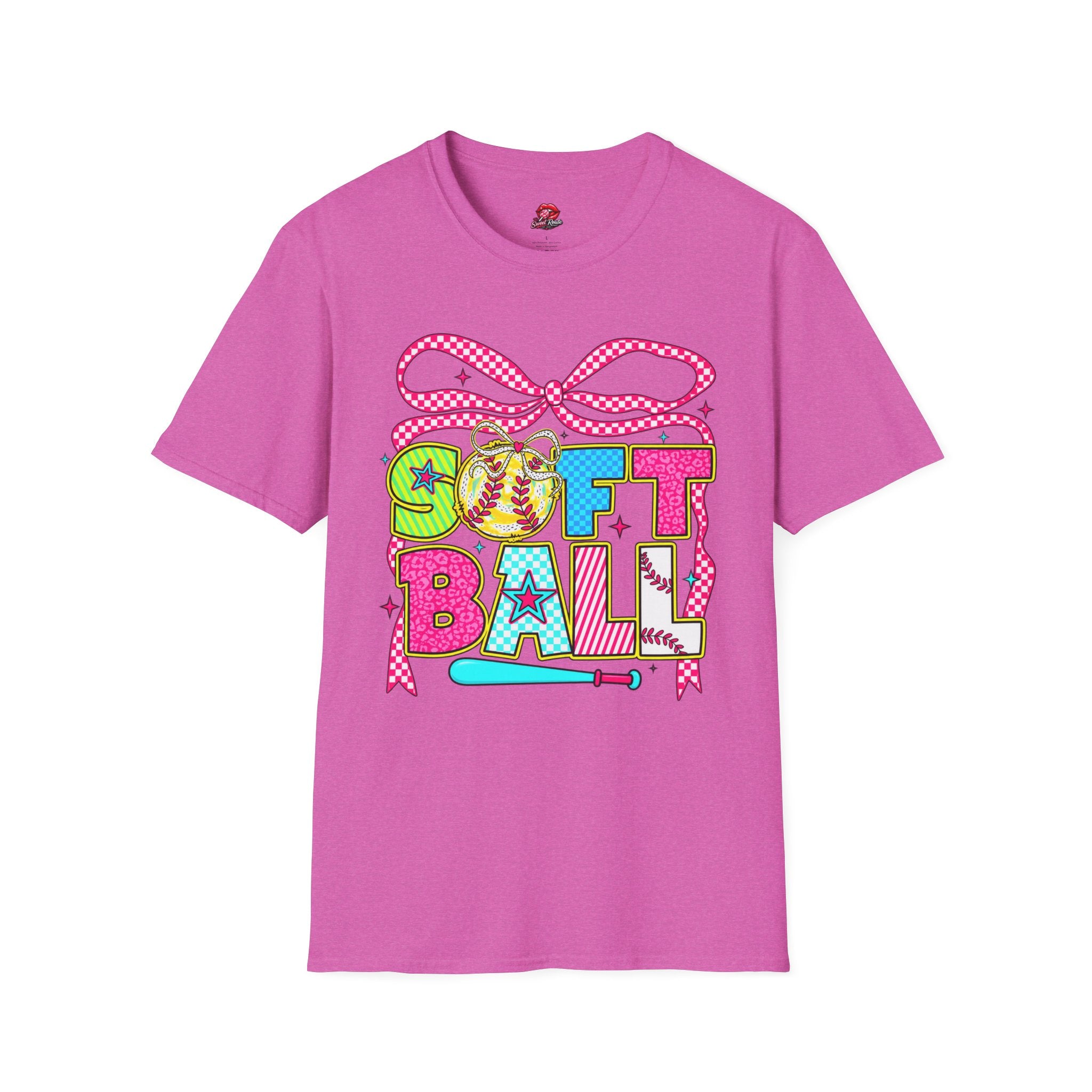 Colorful Bow & Bat Softball Tee