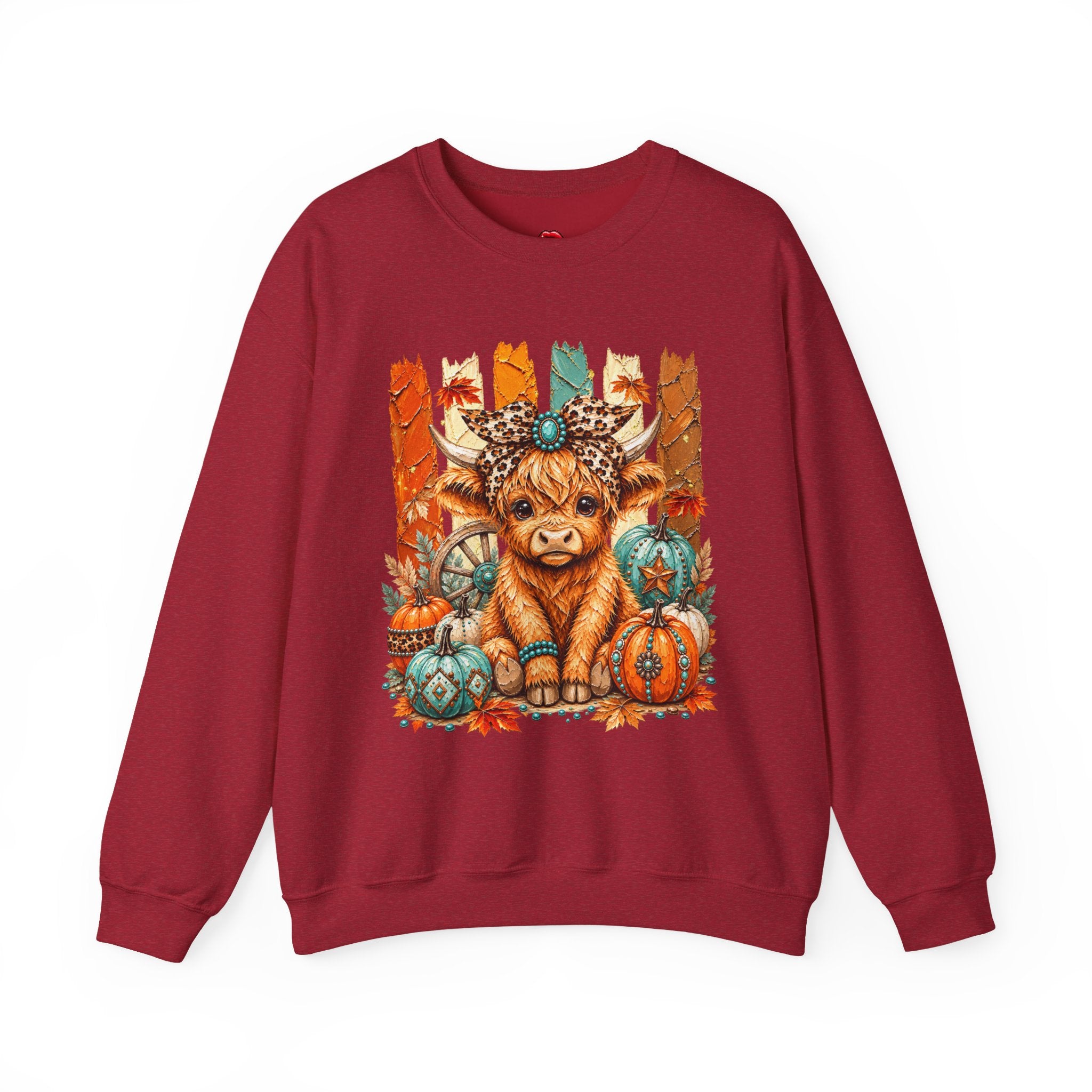 Autumn Highland Cow Crewneck Sweatshirt — Cute Fall Pumpkin Farm Sweatshirt