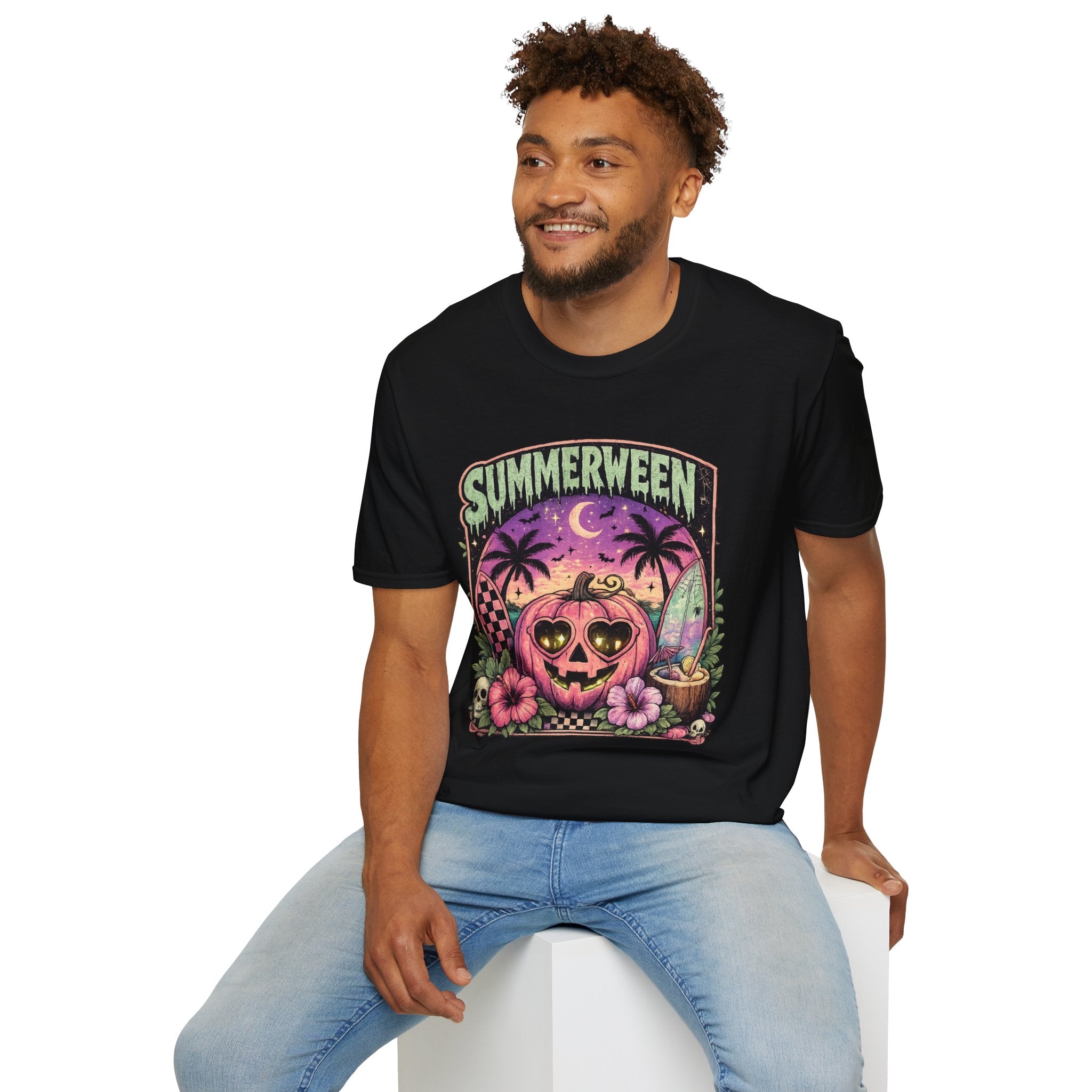 Summerween T-Shirt — Tropical Halloween Pumpkin Tee | Pink Skull Graphic Tee | Spooky Summer Vacation Shirt