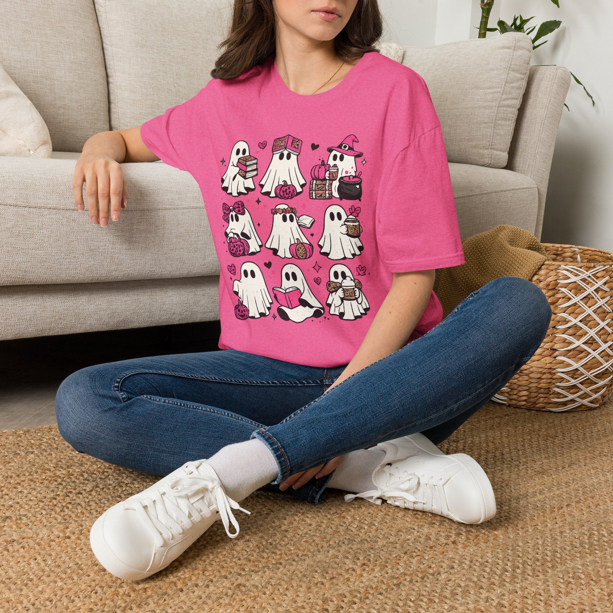 Pink Kawaii Ghosts Halloween T-Shirt | Cute Ghost Pattern Graphic Tee | Girly Spooky Season Shirt | Pink Halloween Aesthetic | Kawaii Ghost Gift