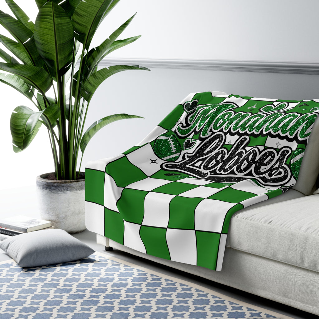 Monahan's Loboes Sherpa Fleece Blanket — Green Checker Football Team Throw