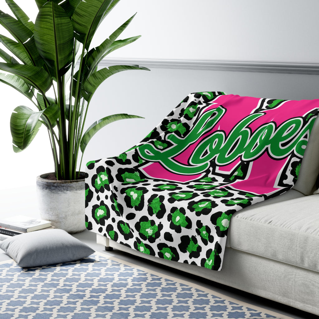 Loboes Sherpa Fleece Blanket — Pink M Letter on Green Leopard Print, Cozy Soft Throw