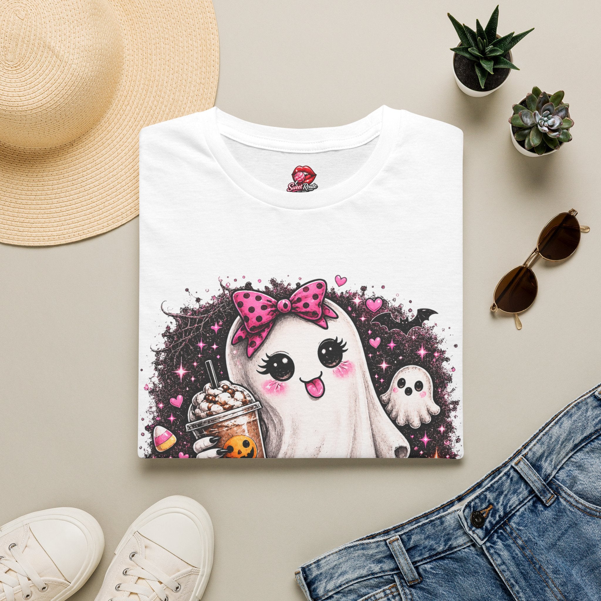 Cute Ghost with Bow Creepin It Real T-Shirt | Coquette Halloween Ghost Tee | Pink Bow Spooky Shirt | Cute Fall Graphic Tee | Halloween Gift