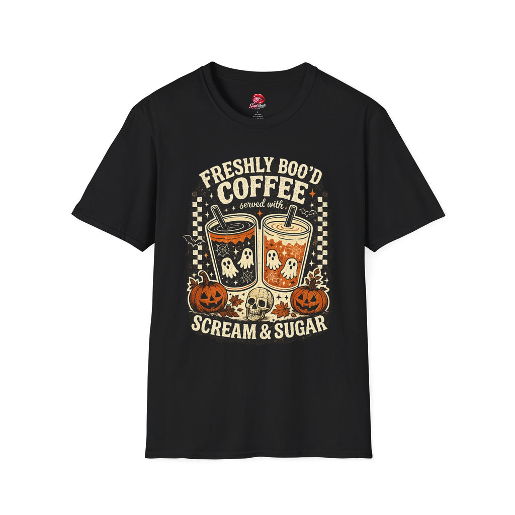 Freshly Boo'd Coffee Hallowee T-Shirt | Cute Ghost Coffee Graphic Tee | Spooky Latte Shirt | Fall Coffee Lover Tee | Pumpkin Season Gift