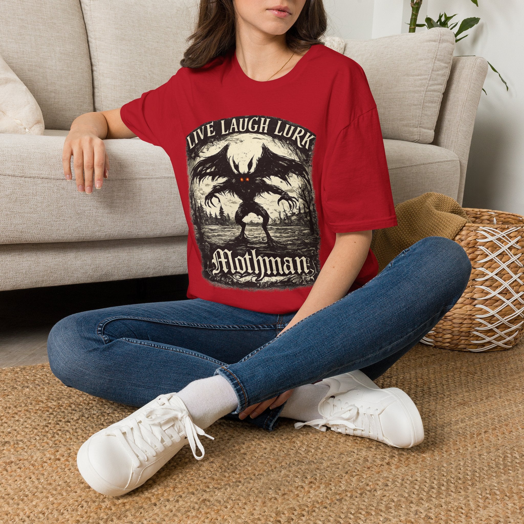 Mothman Live Laugh Lurk Graphic T-Shirt | Funny Cryptid Tee | Vintage Horror Shirt | Spooky Halloween Gift | Paranormal Apparel