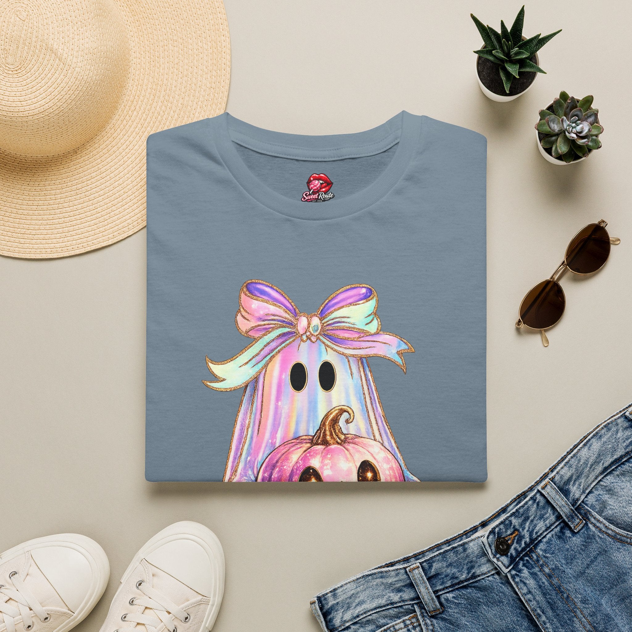 Pastel Ghost with Bow Halloween T-Shirt | Cute Coquette Ghost Graphic Tee | Pink Pumpkin Spooky Season Shirt