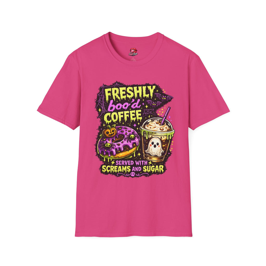 Freshly Boo’d Coffee & Donuts Halloween T-Shirt | Cute Ghost Coffee Graphic Tee | Spooky Donut Lover Shirt | Fall Coffee Lover Gift | Retro Halloween Tee