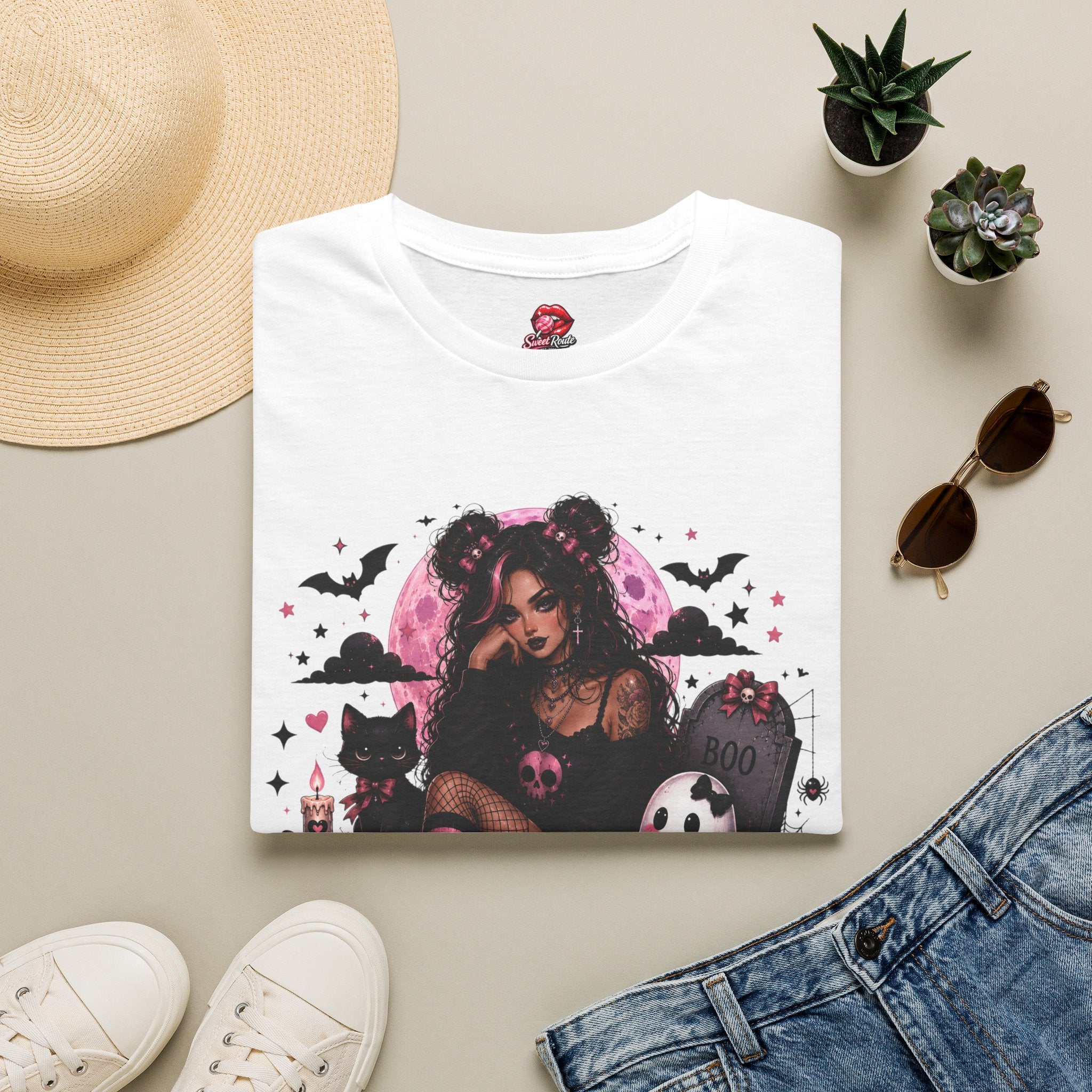Goth Girl Black Cats Halloween T-Shirt | Spooky Cute Goth Cat Lover Tee | Vintage Halloween Graphic Shirt | Witchy Fall Gift for Women