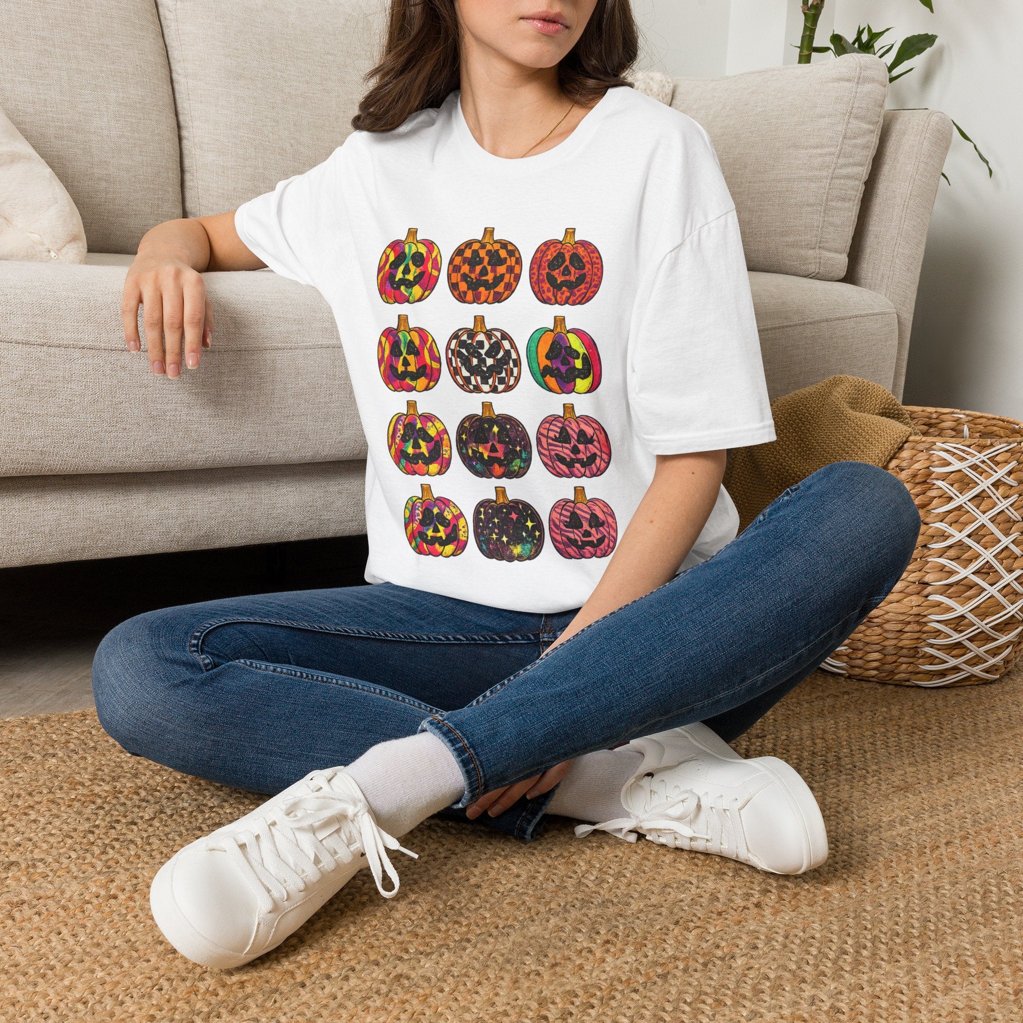 Colorful Jack-O-Lantern pattern T-Shirt | Cute Halloween Pumpkin Graphic Tee | Spooky Season Fall Shirt for Women