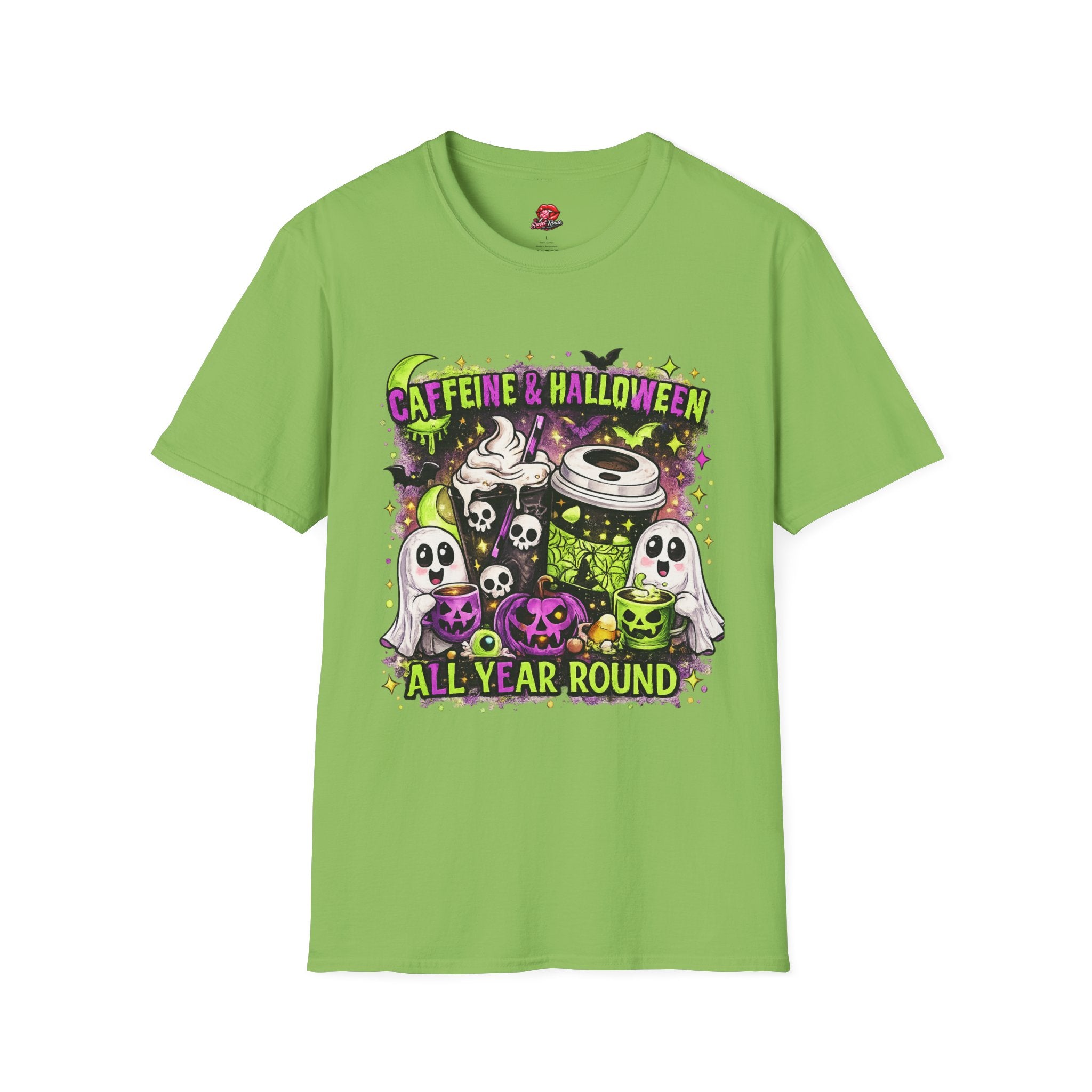 Caffeine & Halloween T-Shirt | Spooky Coffee Lover Graphic Tee | Retro Ghost Pumpkin Fall Shirt | Halloween Coffee Shirt
