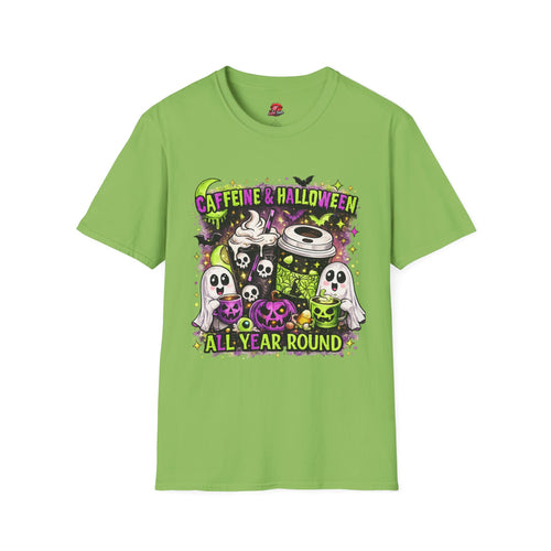Caffeine & Halloween T-Shirt | Spooky Coffee Lover Graphic Tee | Retro Ghost Pumpkin Fall Shirt | Halloween Coffee Shirt