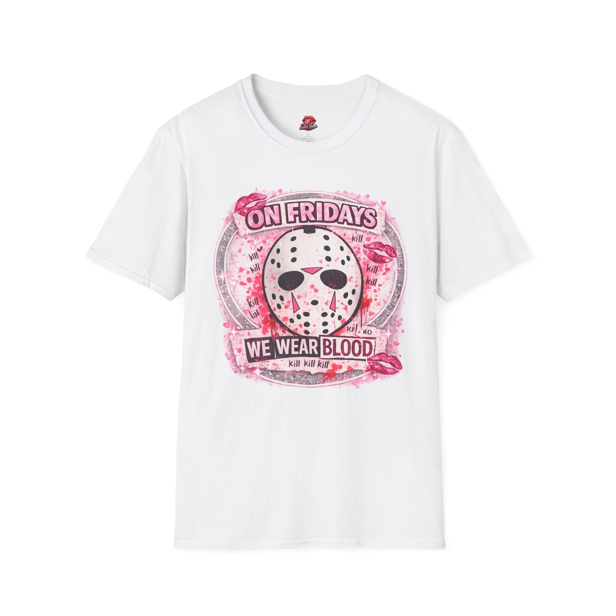 On Fridays We Wear Blood Horror T-Shirt | Pink Slasher Graphic Tee | Cute Halloween Horror Shirt for Spooky Girls
