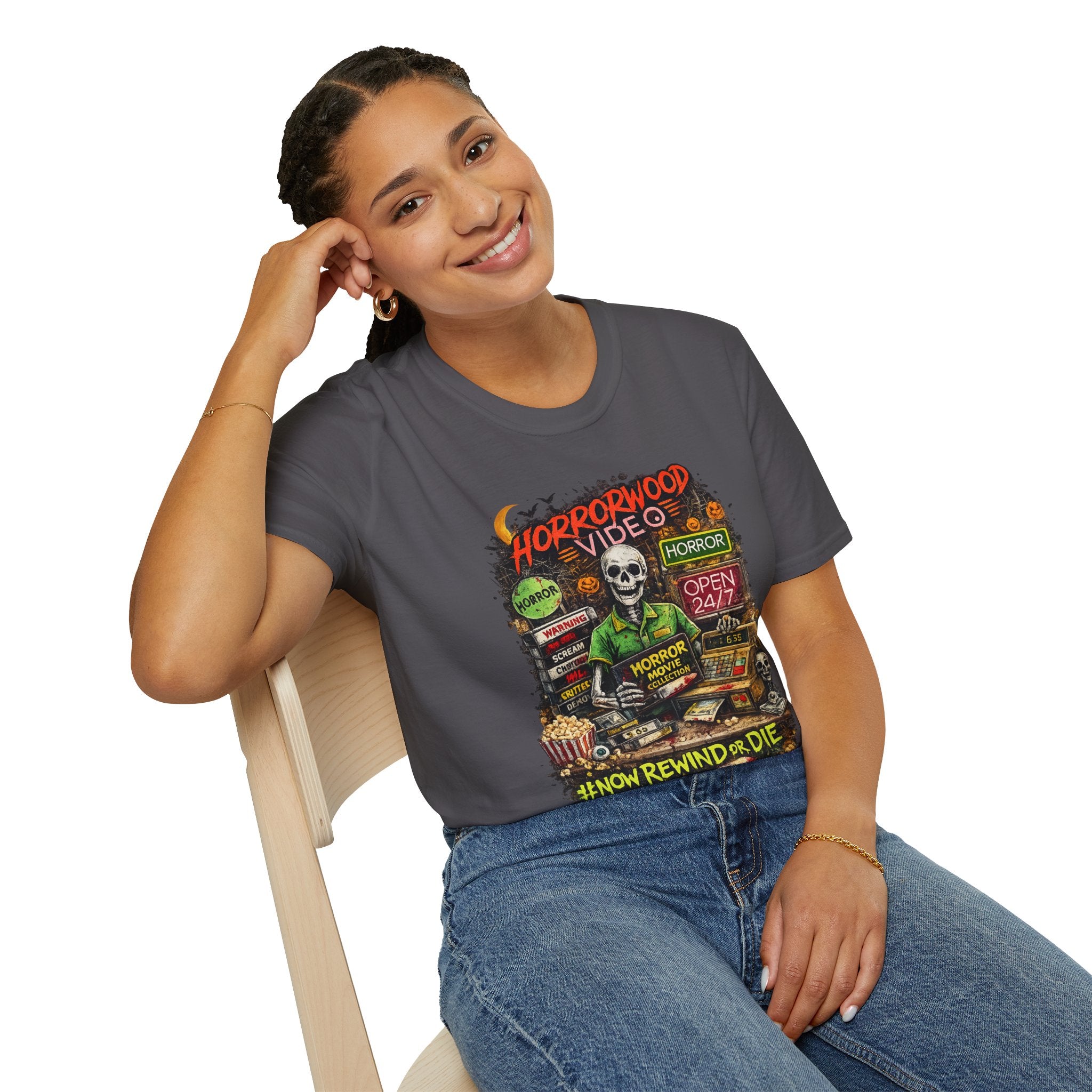 Horrorwood Retro Skeleton Horror Movie T-Shirt | Vintage Halloween Graphic Tee | Spooky Season Shirt | Horror Fan Gift