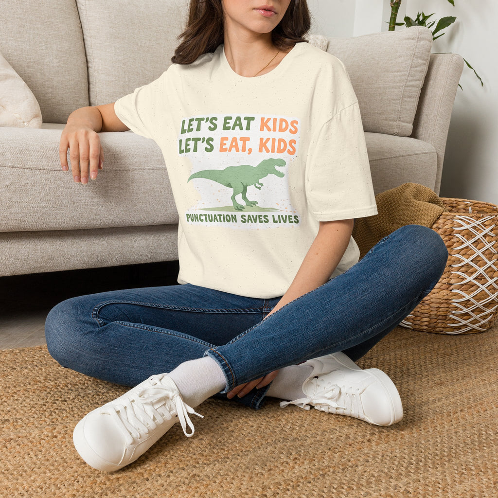 Let’s Eat Kids Let’s Eat, Kids Dinosaur Grammar Teacher T-Shirt | Funny Punctuation Saves Lives English Teacher Tee | ELA Classroom Gift