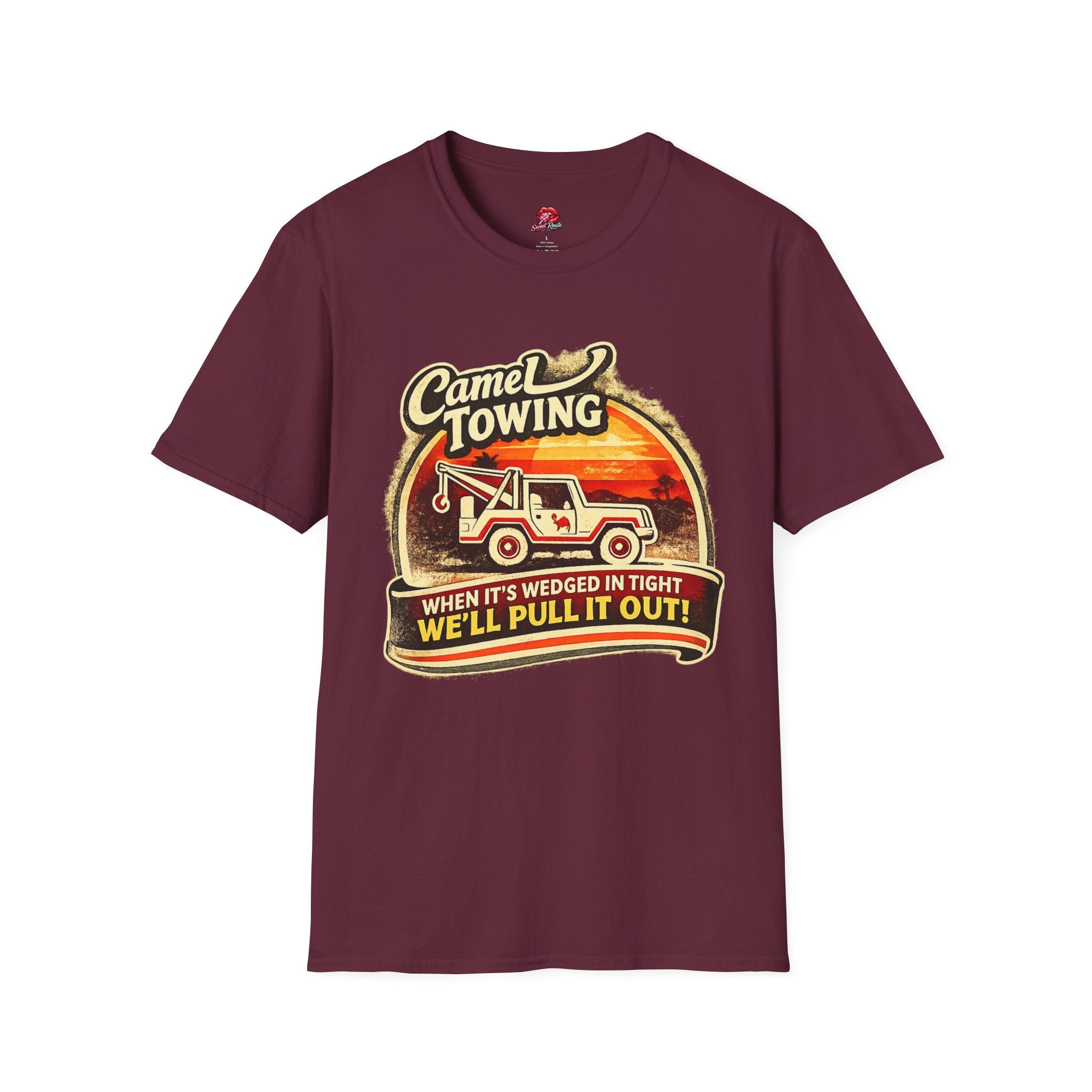 Camel Towing T-Shirt — "When It's Wedged In Tight, We'll Pull It Out" Vintage Tow Truck Tee