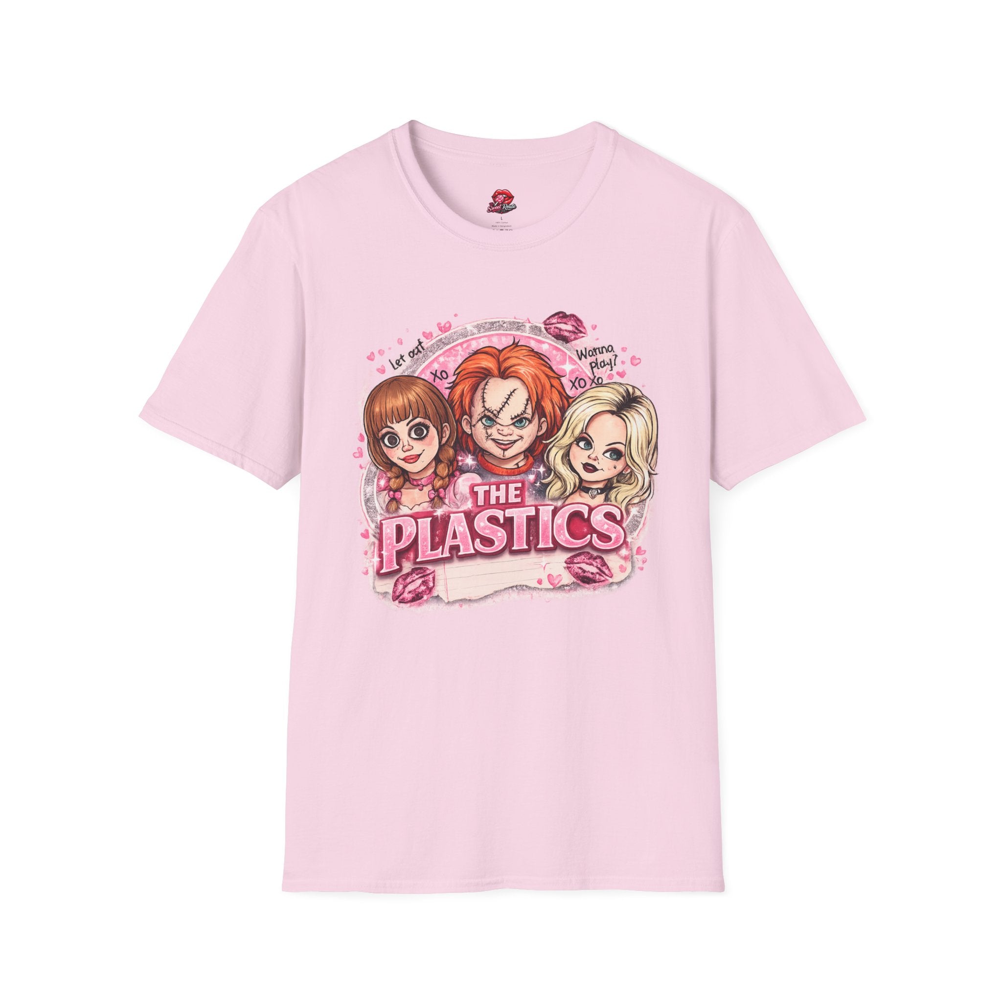 The Plastics Cute Creepy Halloween T-Shirt | Retro Spooky Cartoon Girls Tee | Pink Horror Movie Inspired Graphic Shirt | Halloween Gift for Women