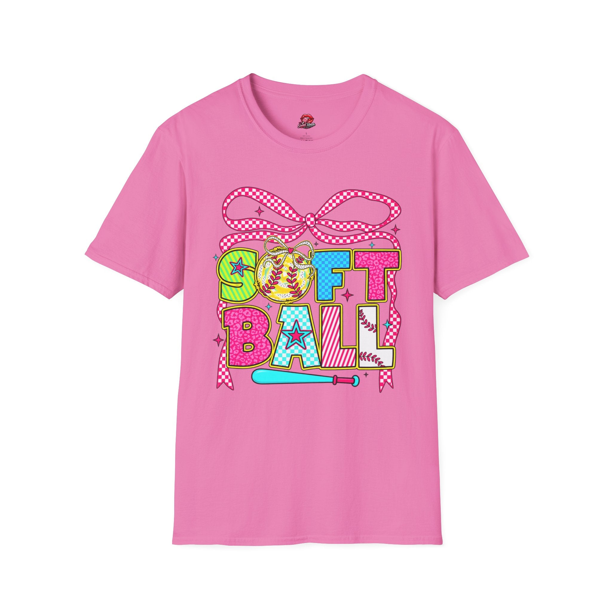 Colorful Bow & Bat Softball Tee