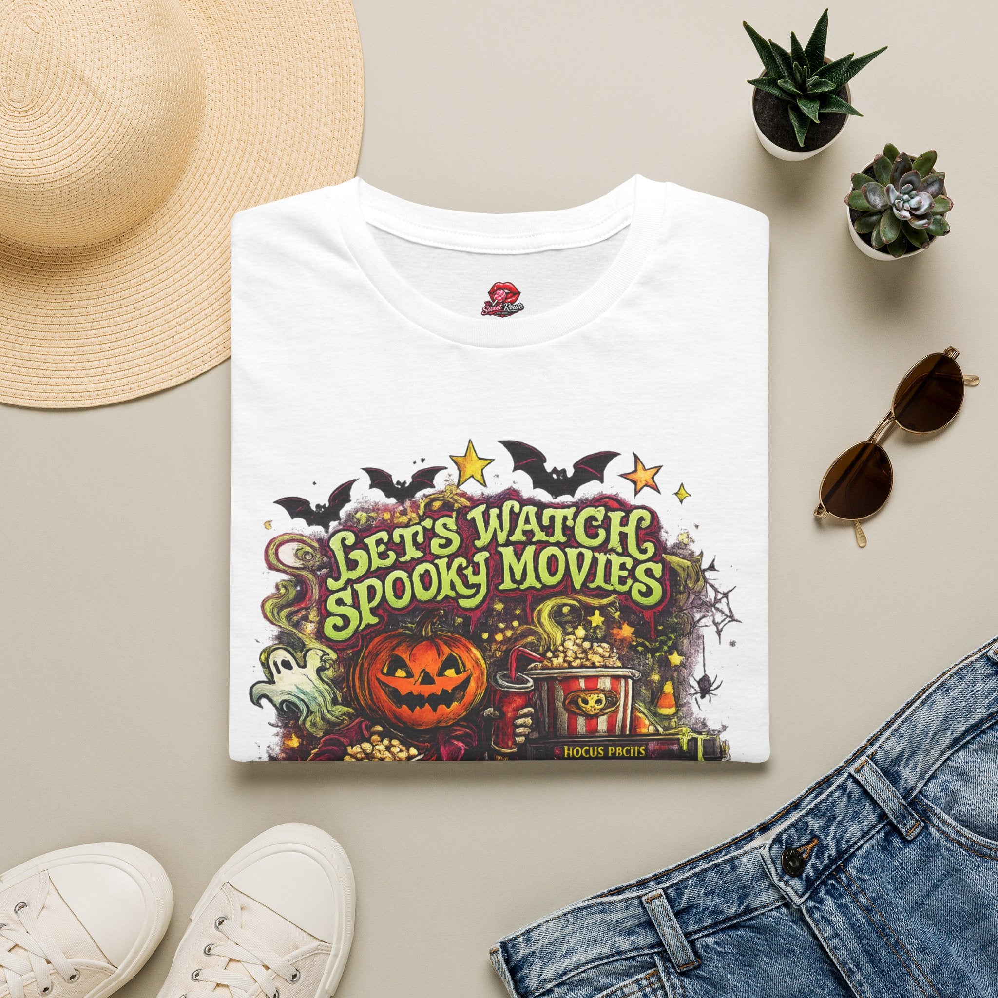 Let’s Watch Spooky Movies T-Shirt | Cute Halloween Movie Night Tee | Retro Ghost Graphic Shirt | Cozy Fall Halloween Tee | Horror Lover Gift