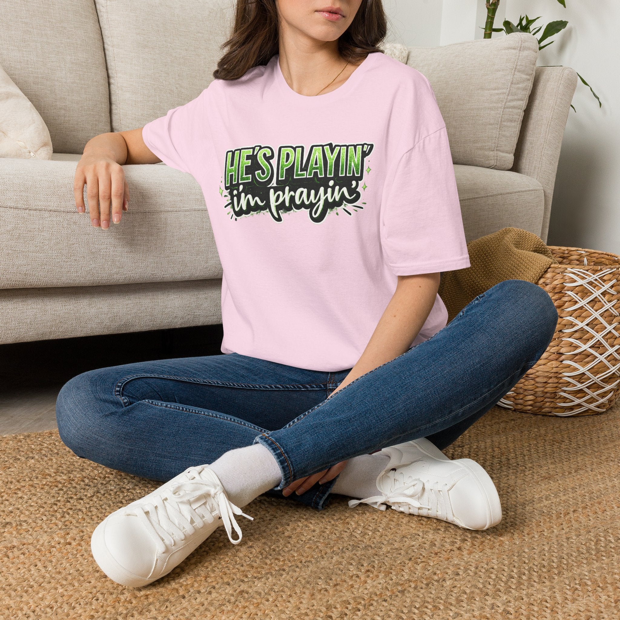 He’s Playin’ I’m Prayin Football Tee