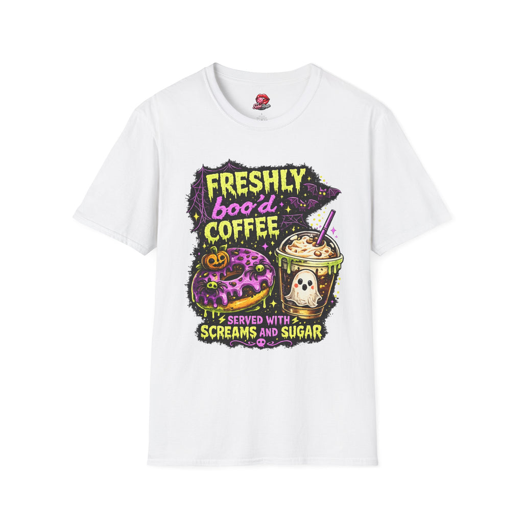 Freshly Boo’d Coffee & Donuts Halloween T-Shirt | Cute Ghost Coffee Graphic Tee | Spooky Donut Lover Shirt | Fall Coffee Lover Gift | Retro Halloween Tee