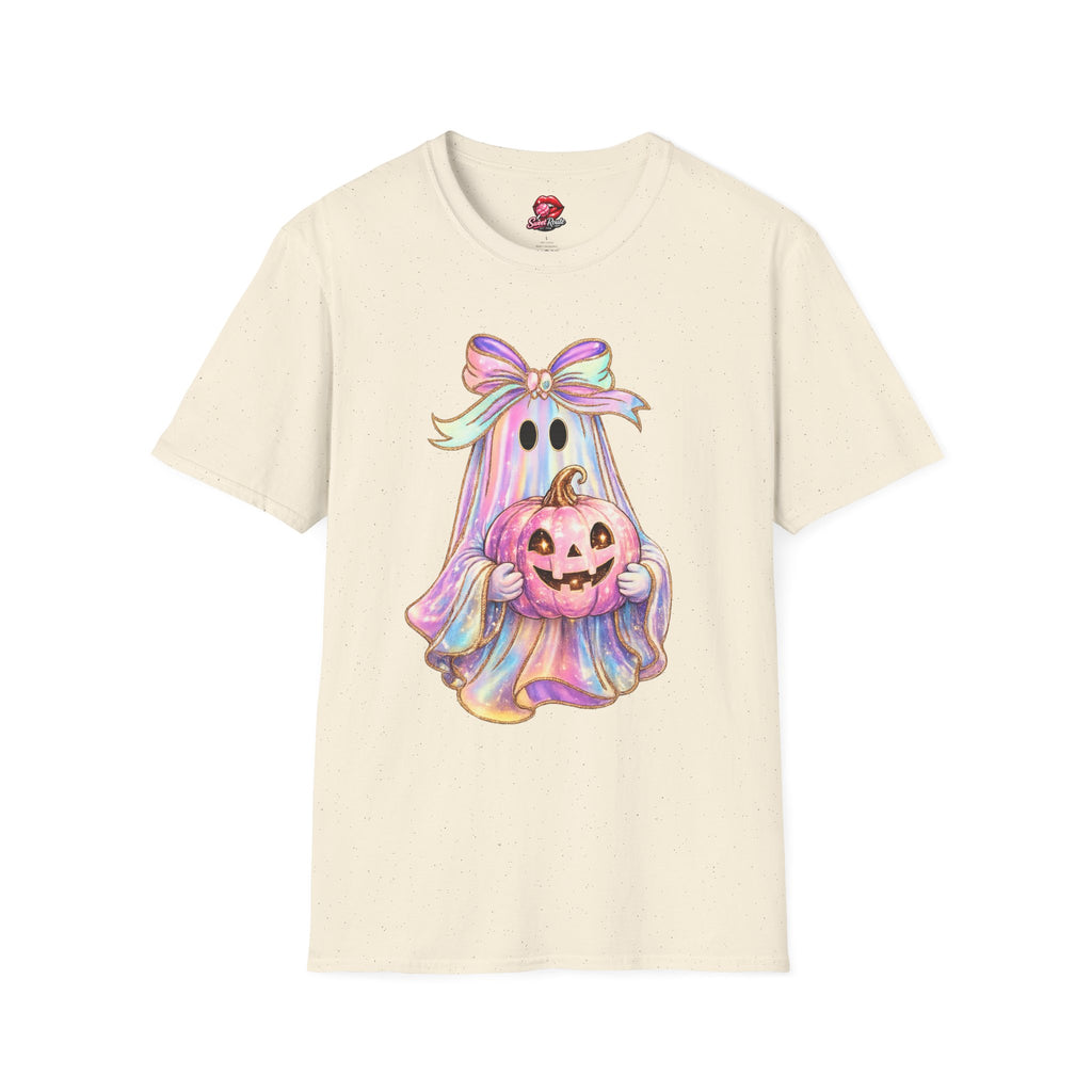 Pastel Ghost with Bow Halloween T-Shirt | Cute Coquette Ghost Graphic Tee | Pink Pumpkin Spooky Season Shirt