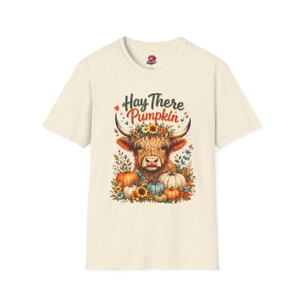 Hay There Pumpkin Highland Cow T-Shirt | Cute Fall Cow Graphic Tee | Autumn Pumpkin Farm Fall Tee | Cozy Country Style