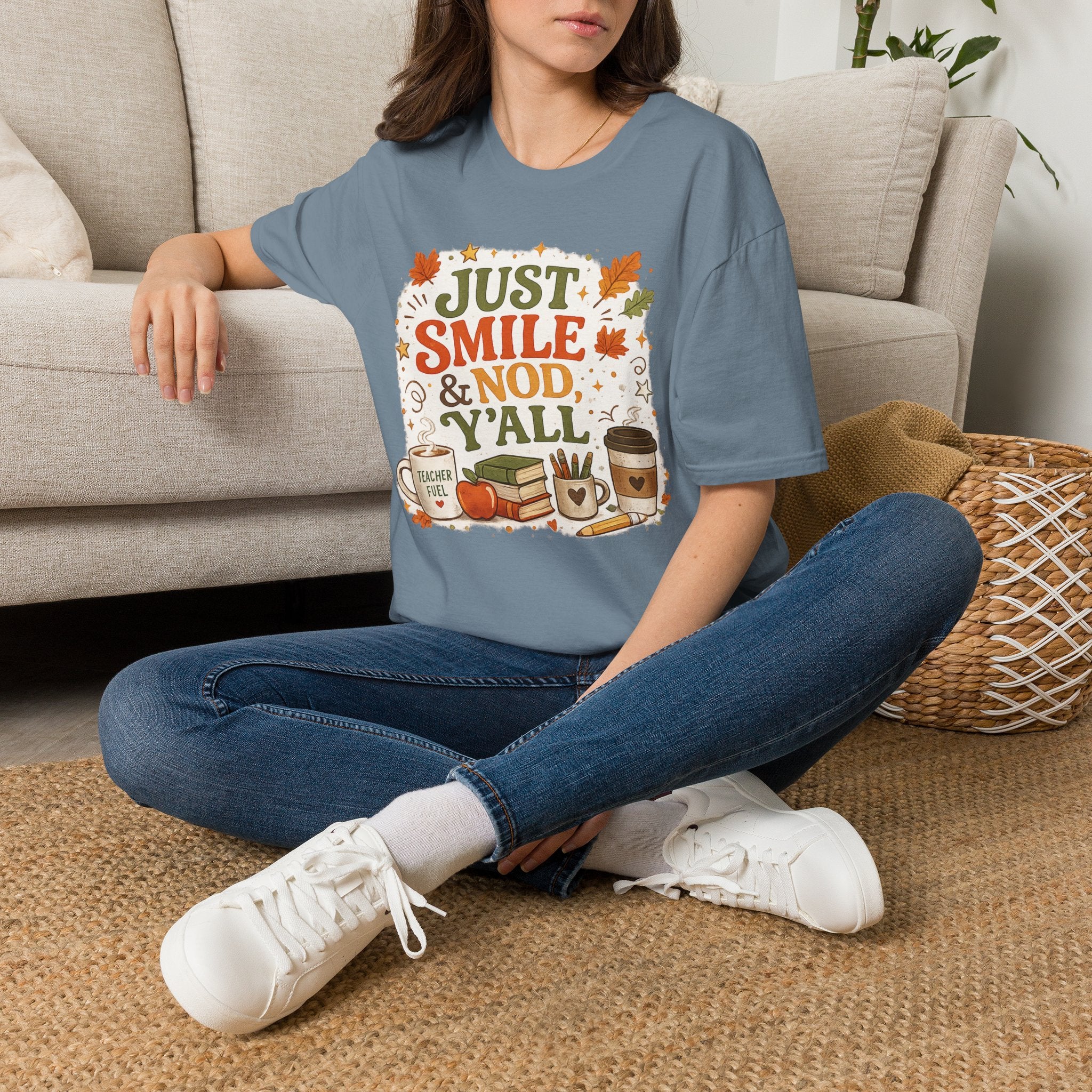 Just Smile & Nod, Y’all Teacher Shirt | Funny Teacher Fall Graphic Tee | Cozy Autumn Classroom T-Shirt