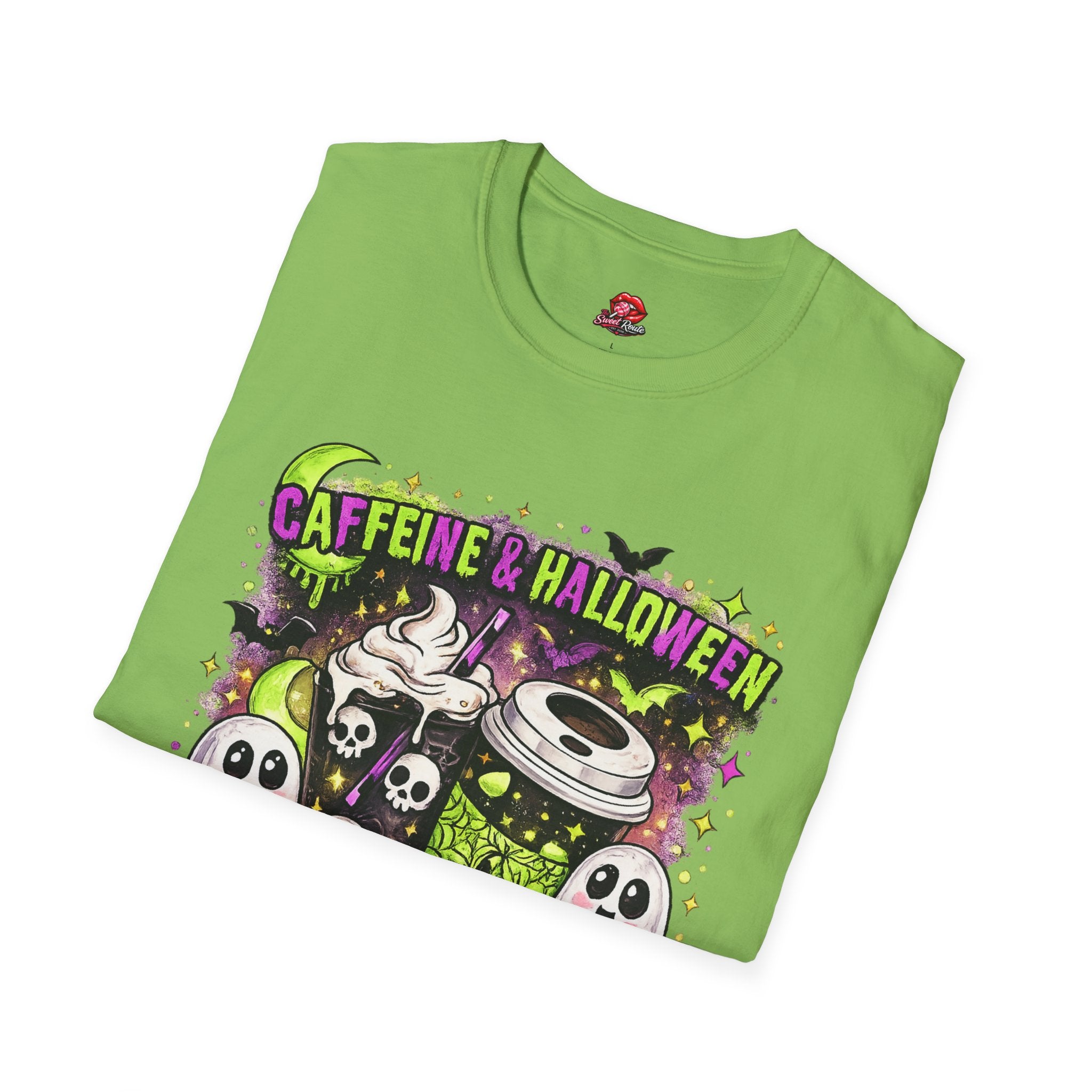 Caffeine & Halloween T-Shirt | Spooky Coffee Lover Graphic Tee | Retro Ghost Pumpkin Fall Shirt | Halloween Coffee Shirt
